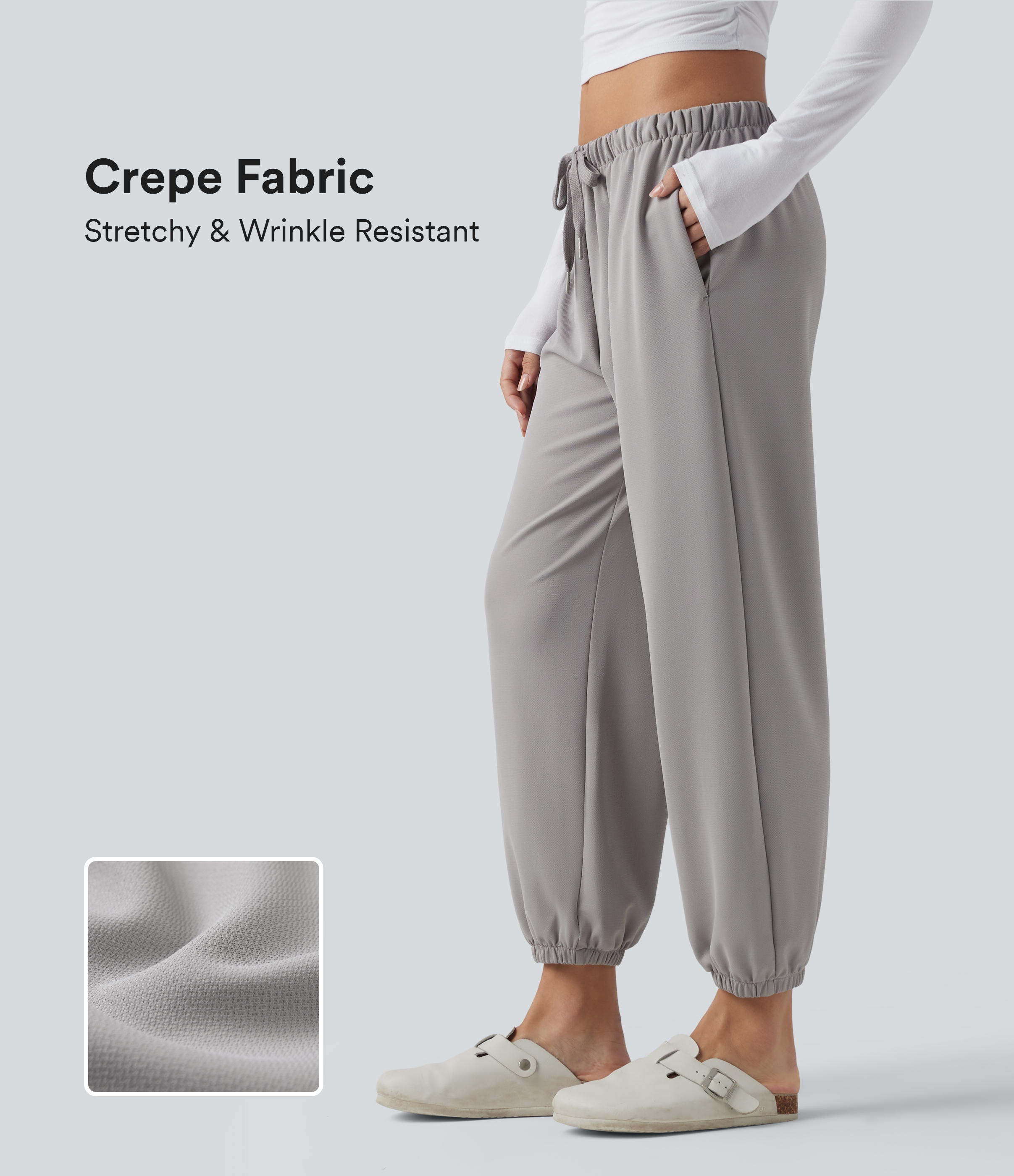 Jogging décontracté taille basse en crêpe avec cordon de serrage et poches