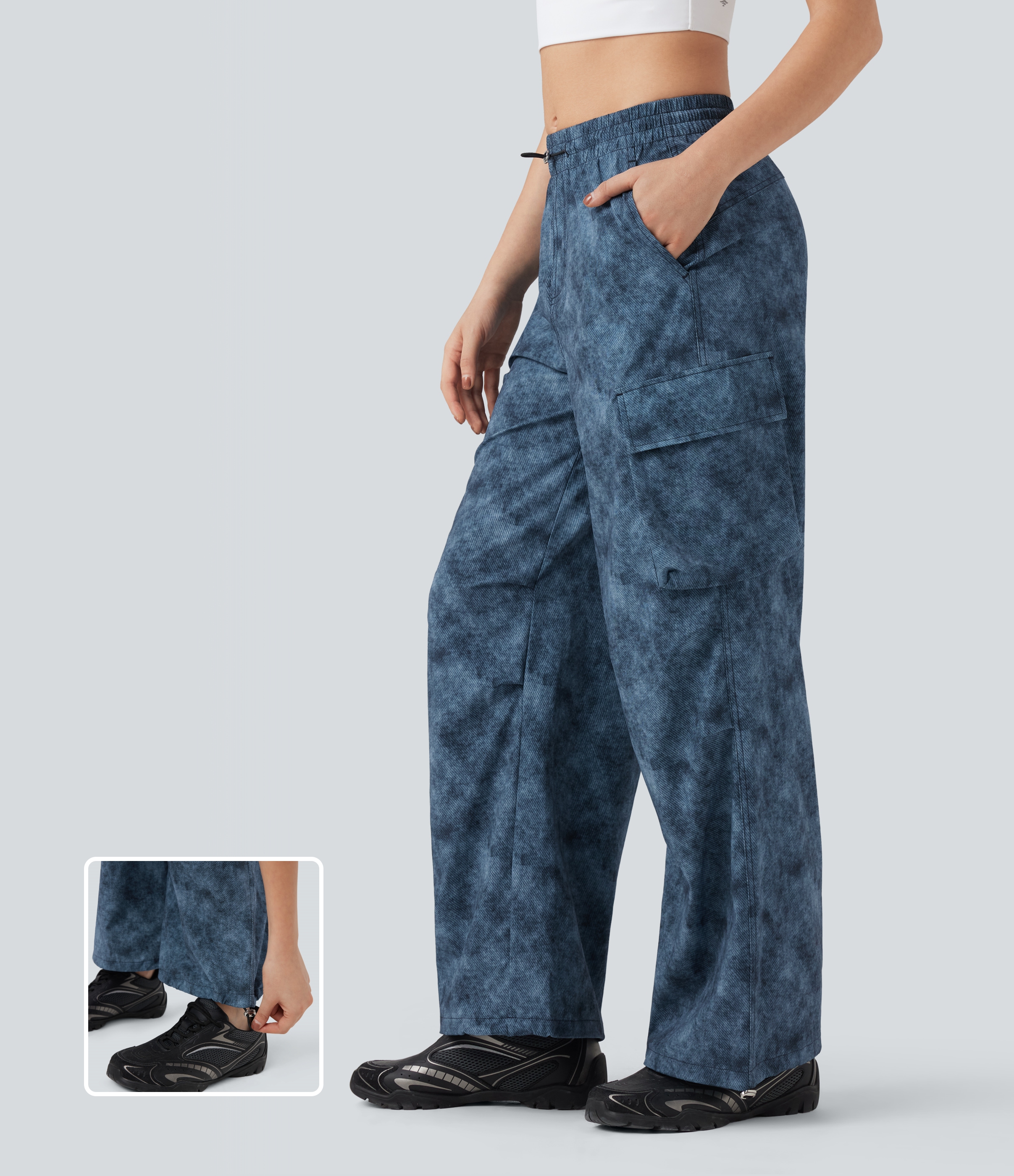 Mid Rise Adjustable Drawcord Denim Print Camping Straight Leg Cargo Pants with Pockets