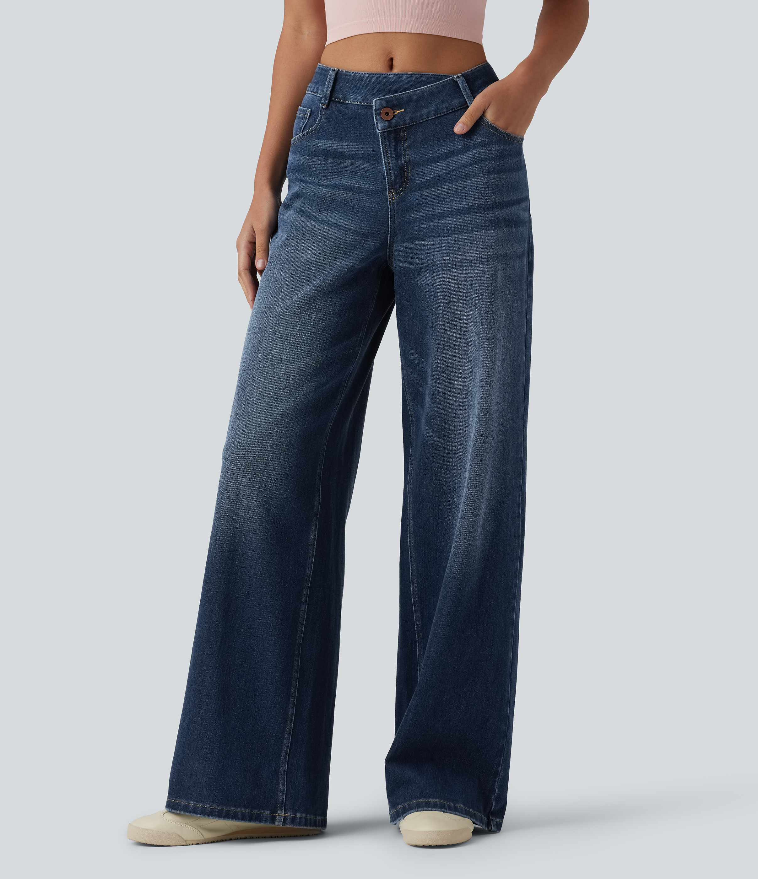 Vaqueros Halara Flex™ asimétricos de tiro medio, pierna ancha y holgados con bolsillos