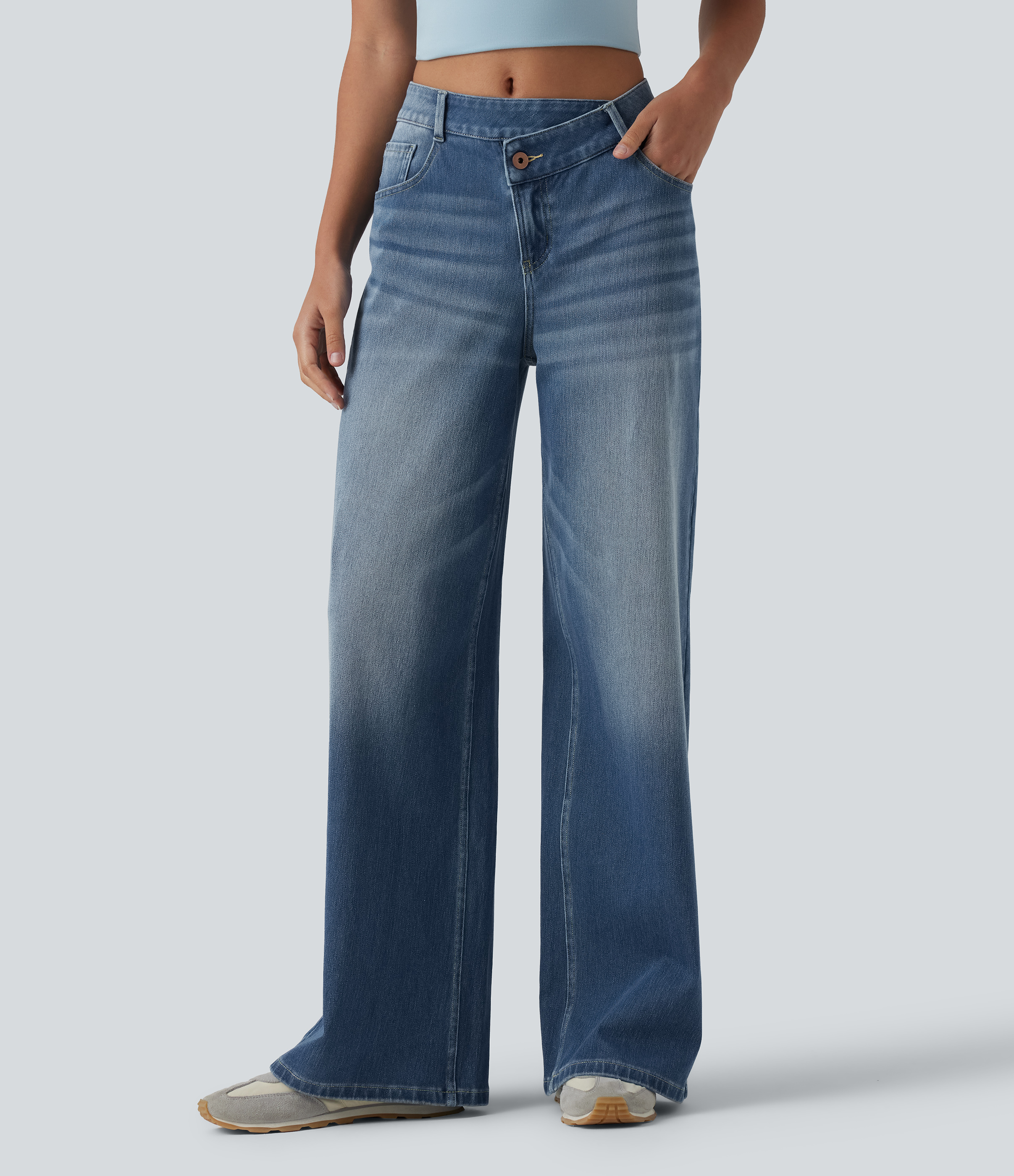 Halara Flex™ Asymmetric Mid Rise Wide Leg Casual Jeans with Pockets