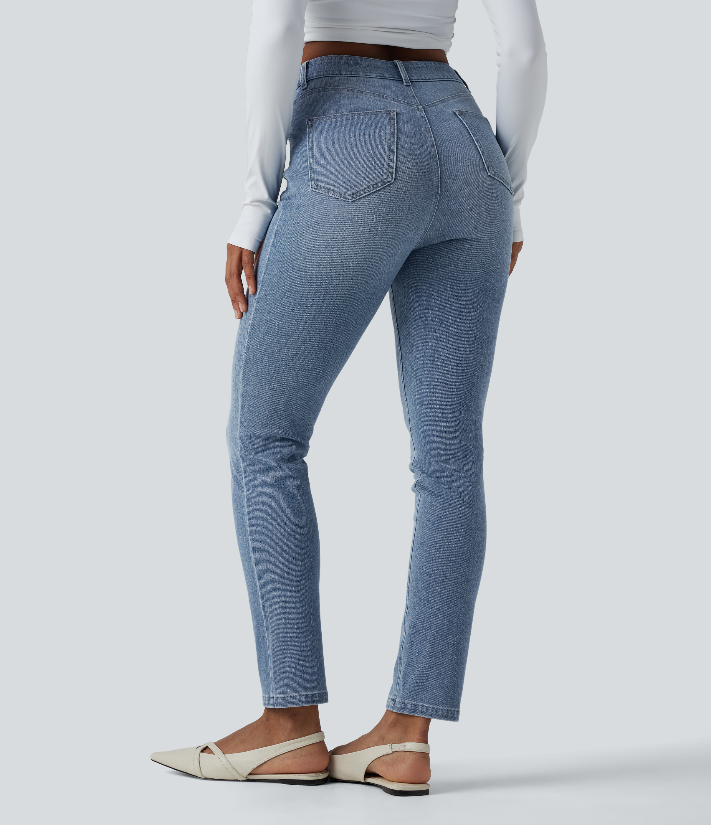 Malibu Blue Denim Halara Flex™ jean slim taille haute, délavé et décontracté, avec des poches / 2
