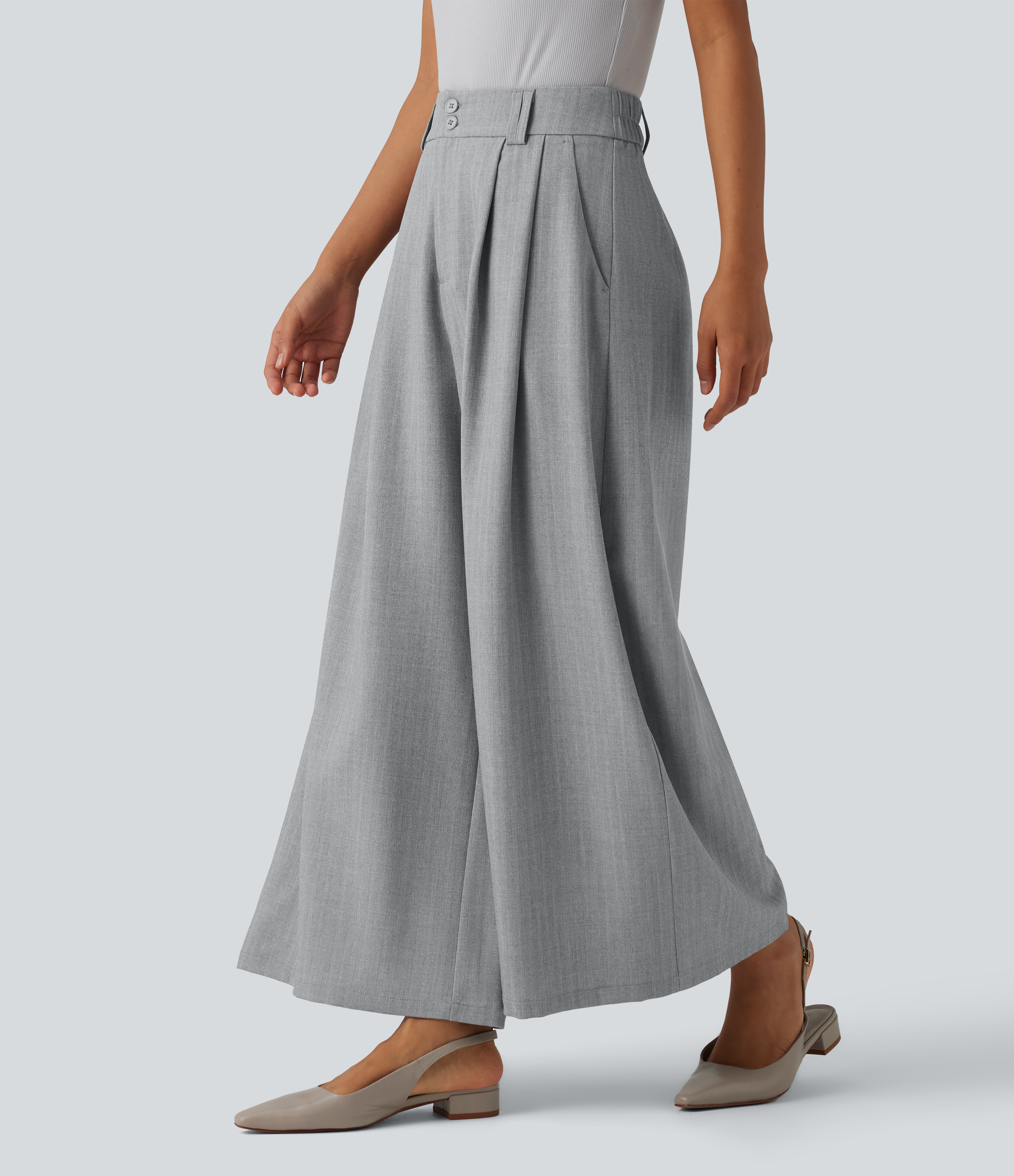 High Waisted Pleated 7/8 Linen-Feel Suit Work Baggy Pants with Pockets