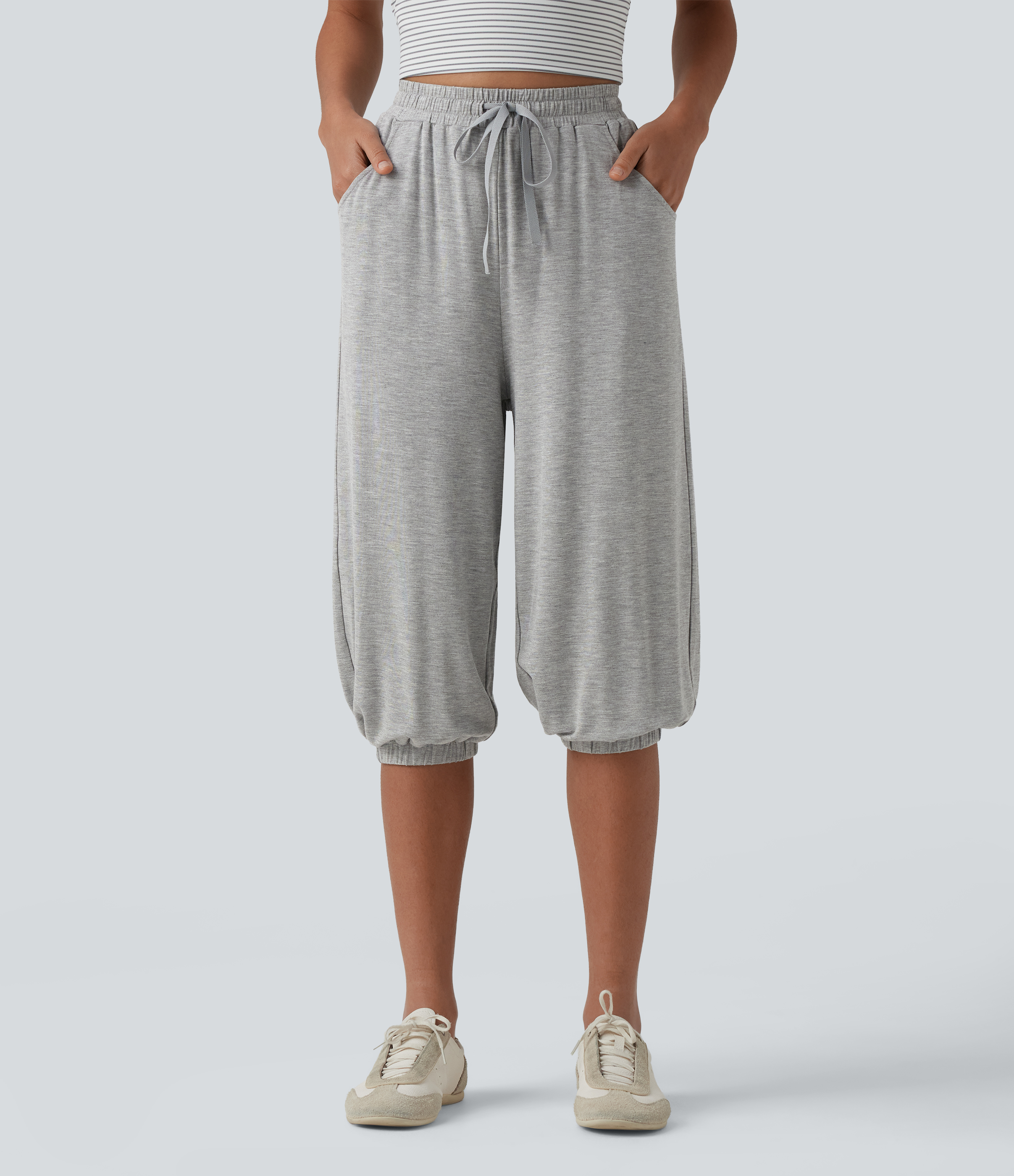 High Waisted Drawstring Capri Casual Joggers with Pockets
