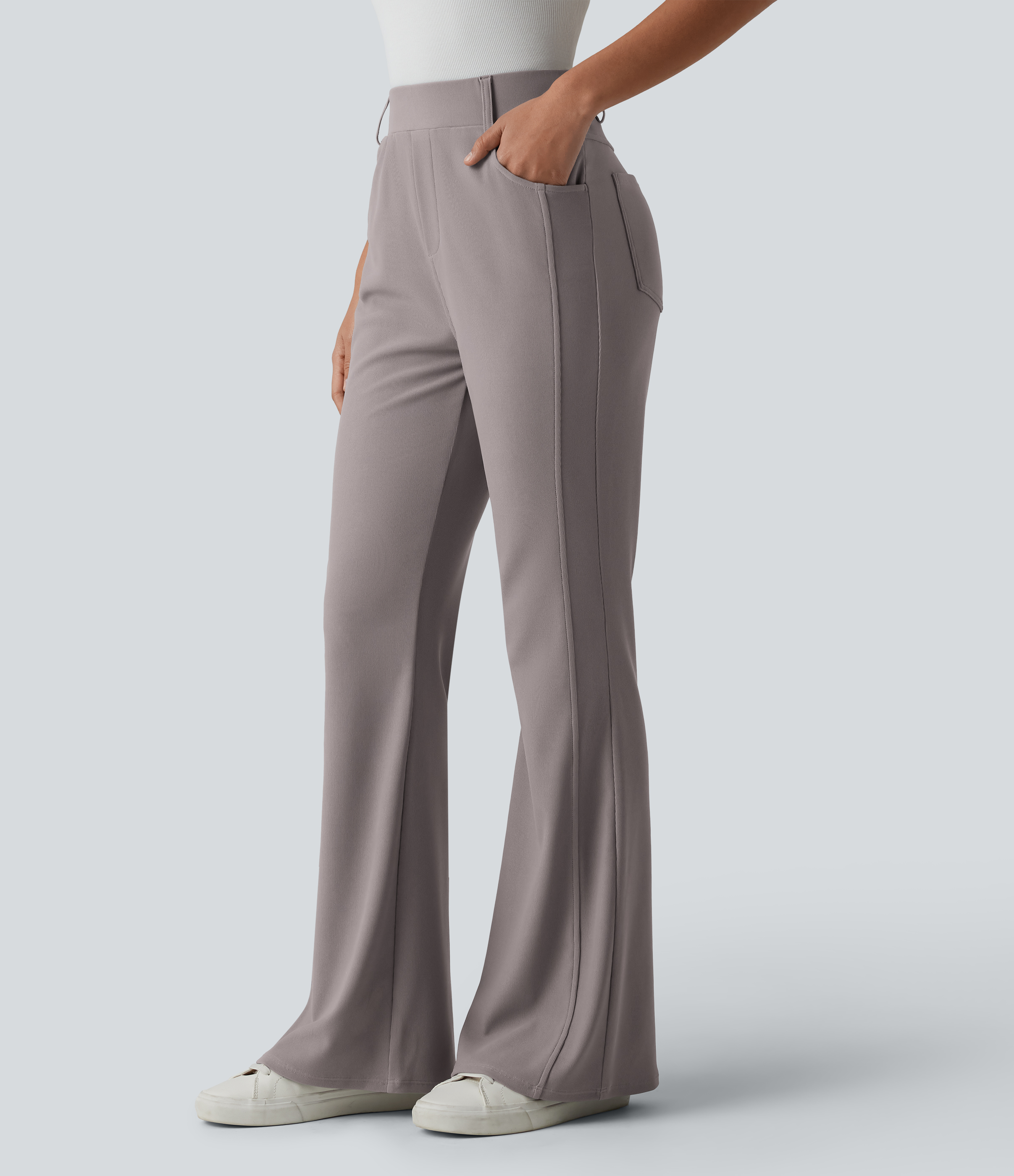 High Waisted Micro Waffle Casual Bootcut Pants with Pockets
