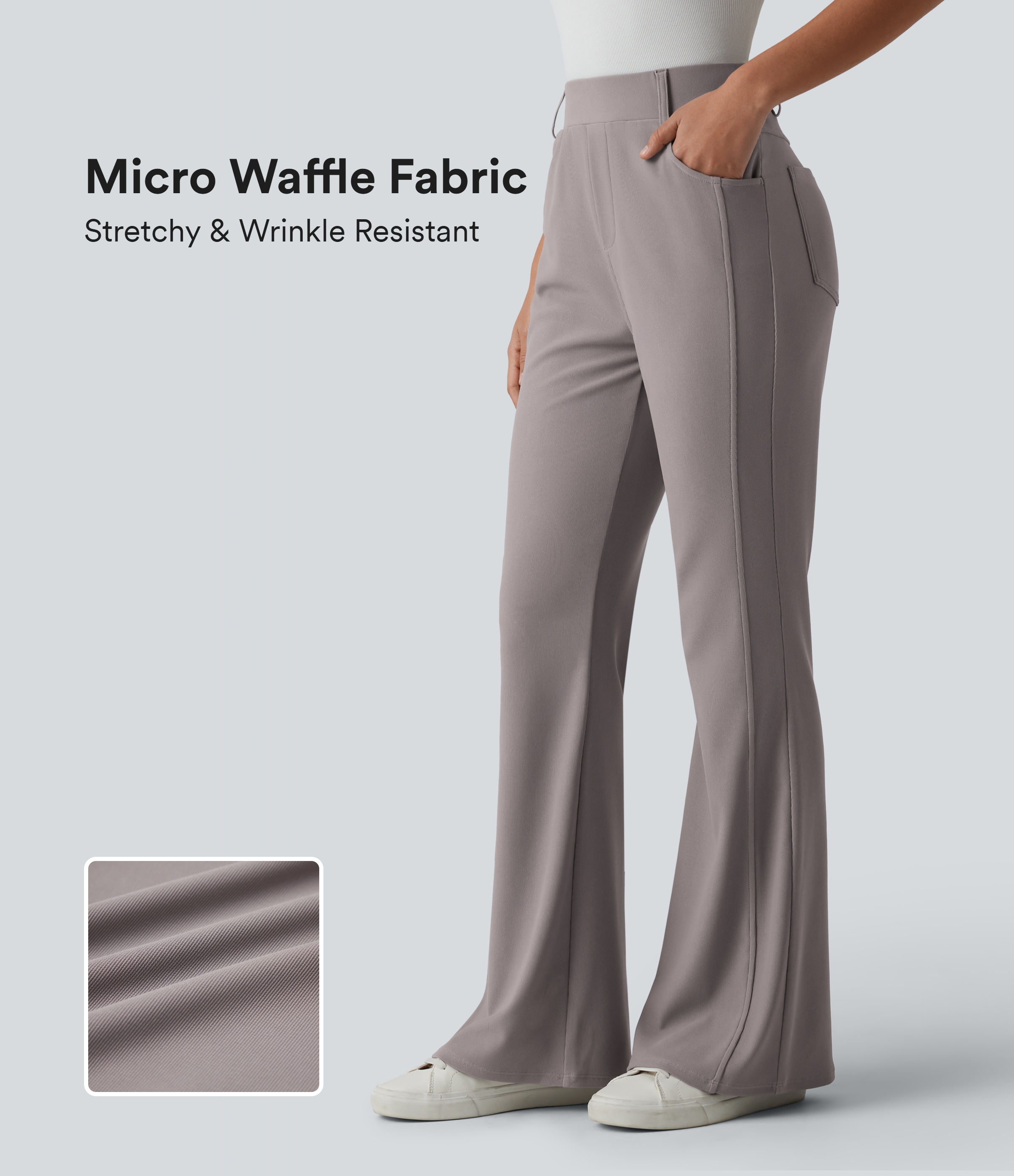 High Waisted Micro Waffle Casual Bootcut Pants with Pockets