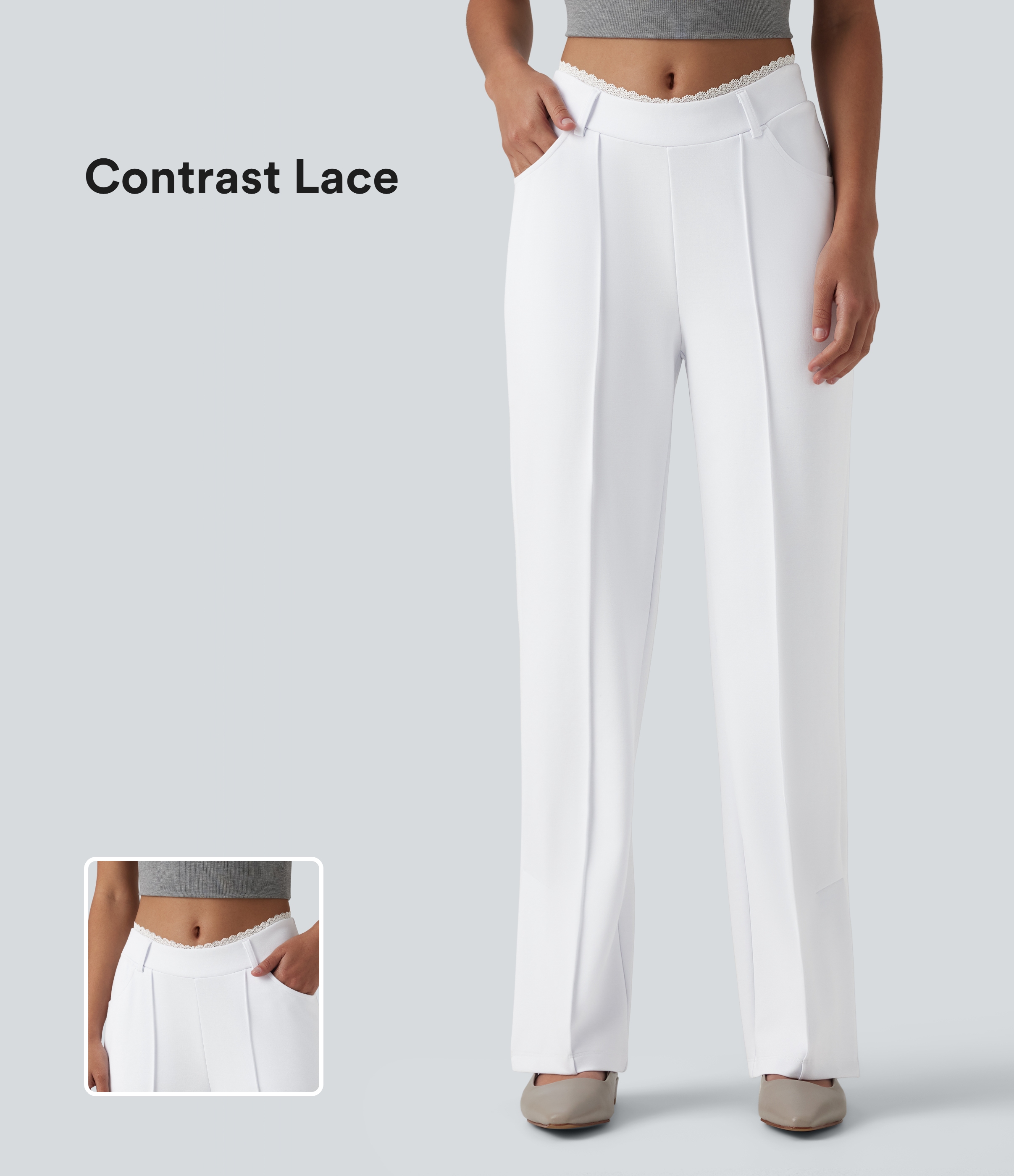 Contrast Lace V-Shaped Mid Rise Split Straight Leg Casual Pants with Pockets
