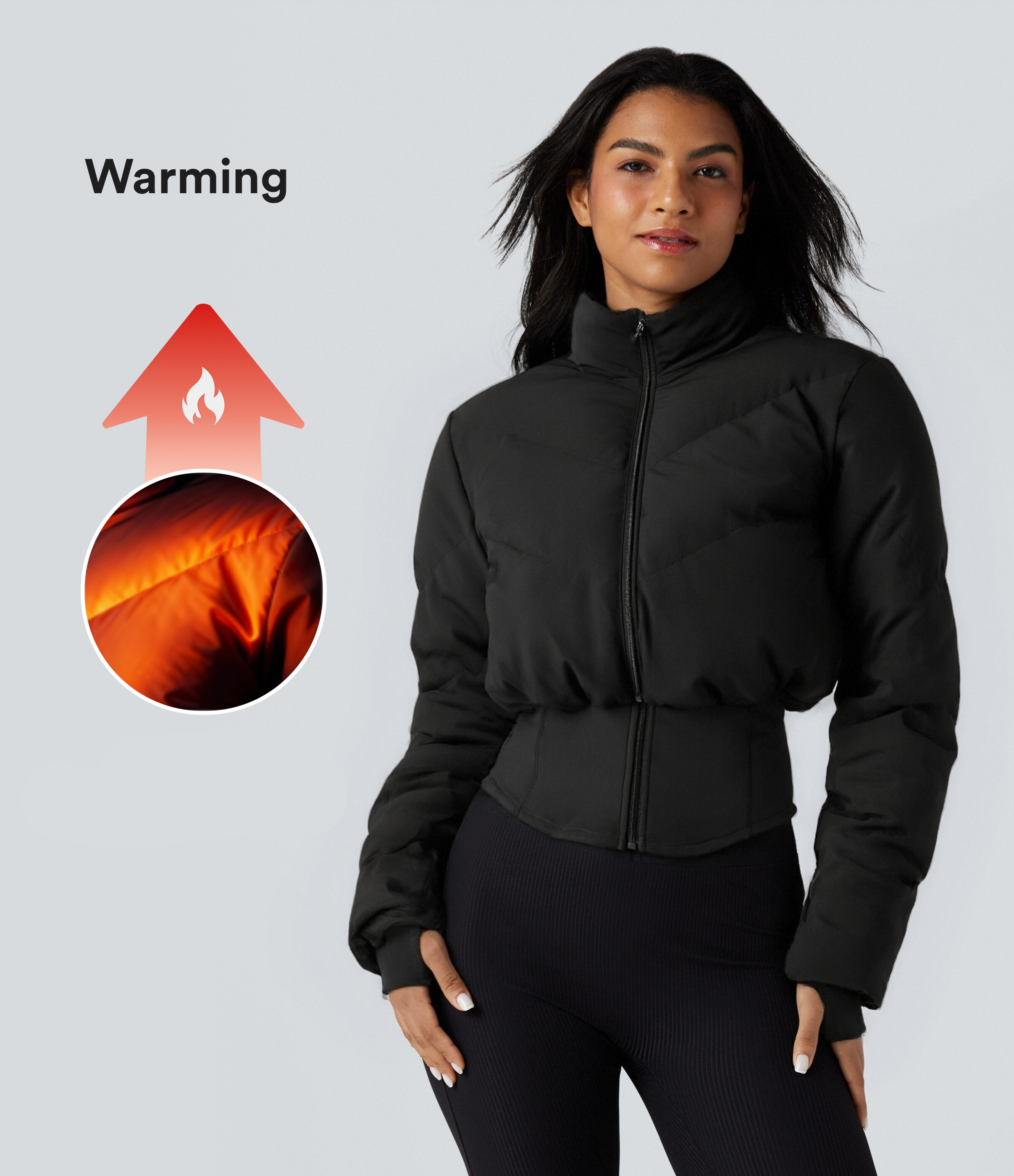 PuffFlex 3-in-1 Stand Collar Casual Cropped Puffer Coat & Thumb Holes Curved Hem Jacket with Pocket