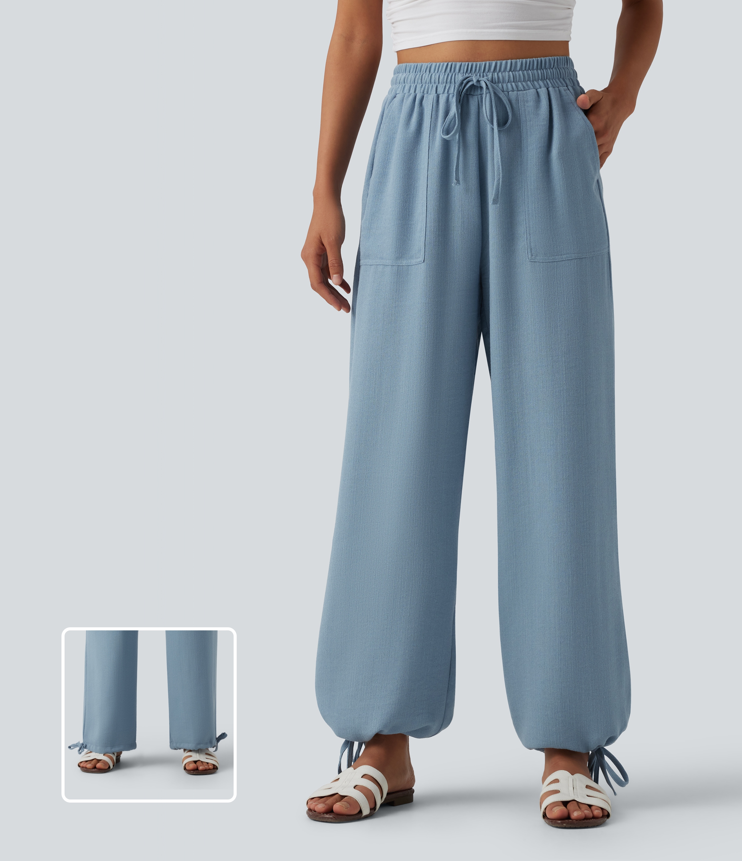 High Waisted Drawstring Wide Leg Casual Linen-Feel Joggers with Pockets