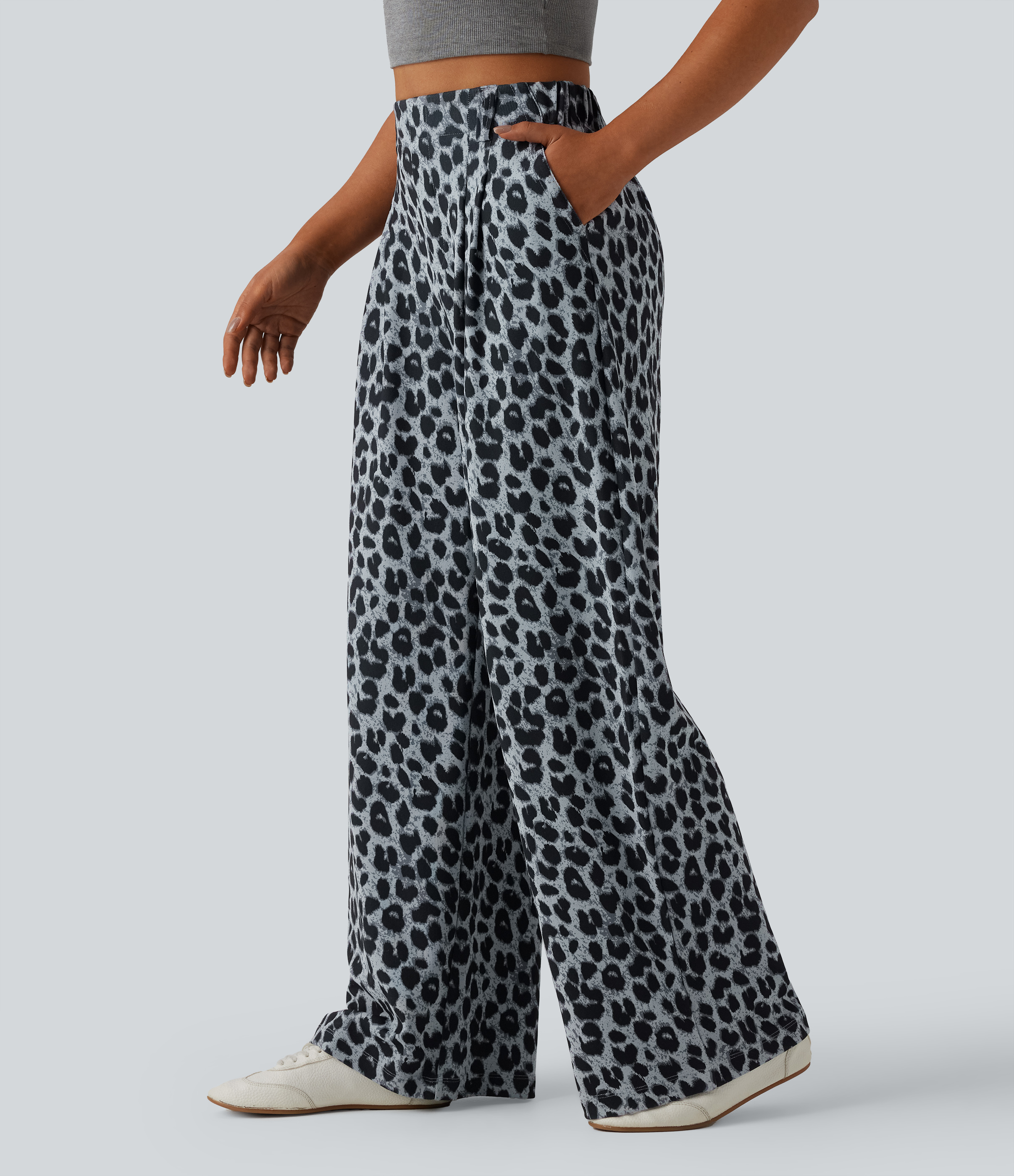 High Waisted Wide Leg Leopard Print Waffle Casual Pants with Pockets