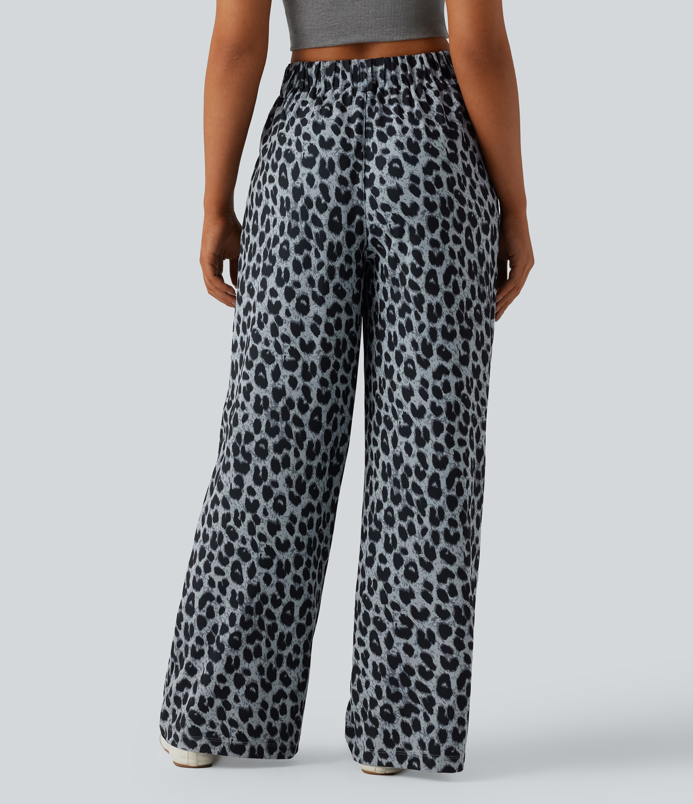 Frosted Panther High Waisted Wide Leg Leopard Print Waffle Casual Trousers with Pockets / 2