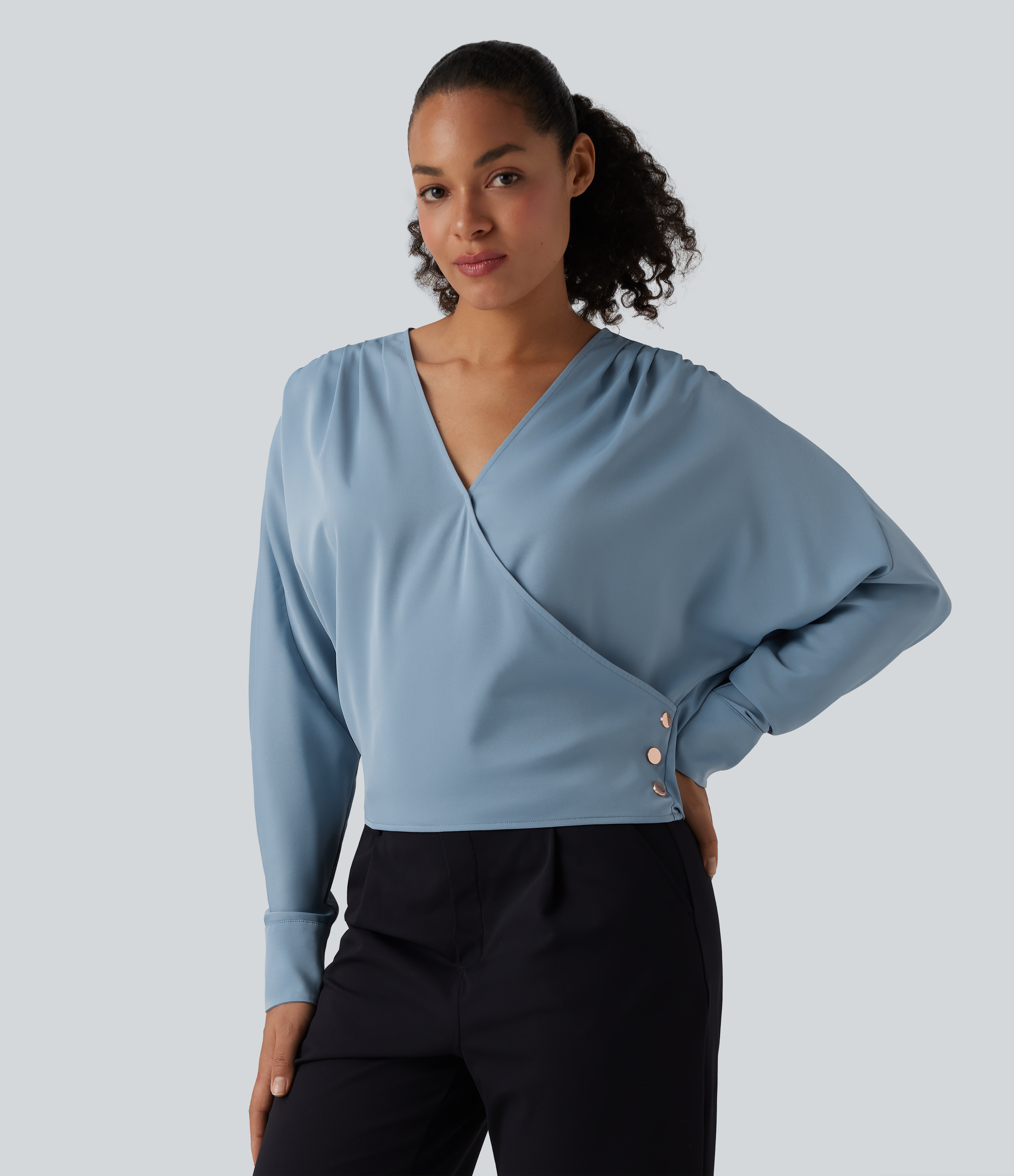 Wrinkle Recovery V Neck Long Sleeve Work Blouse