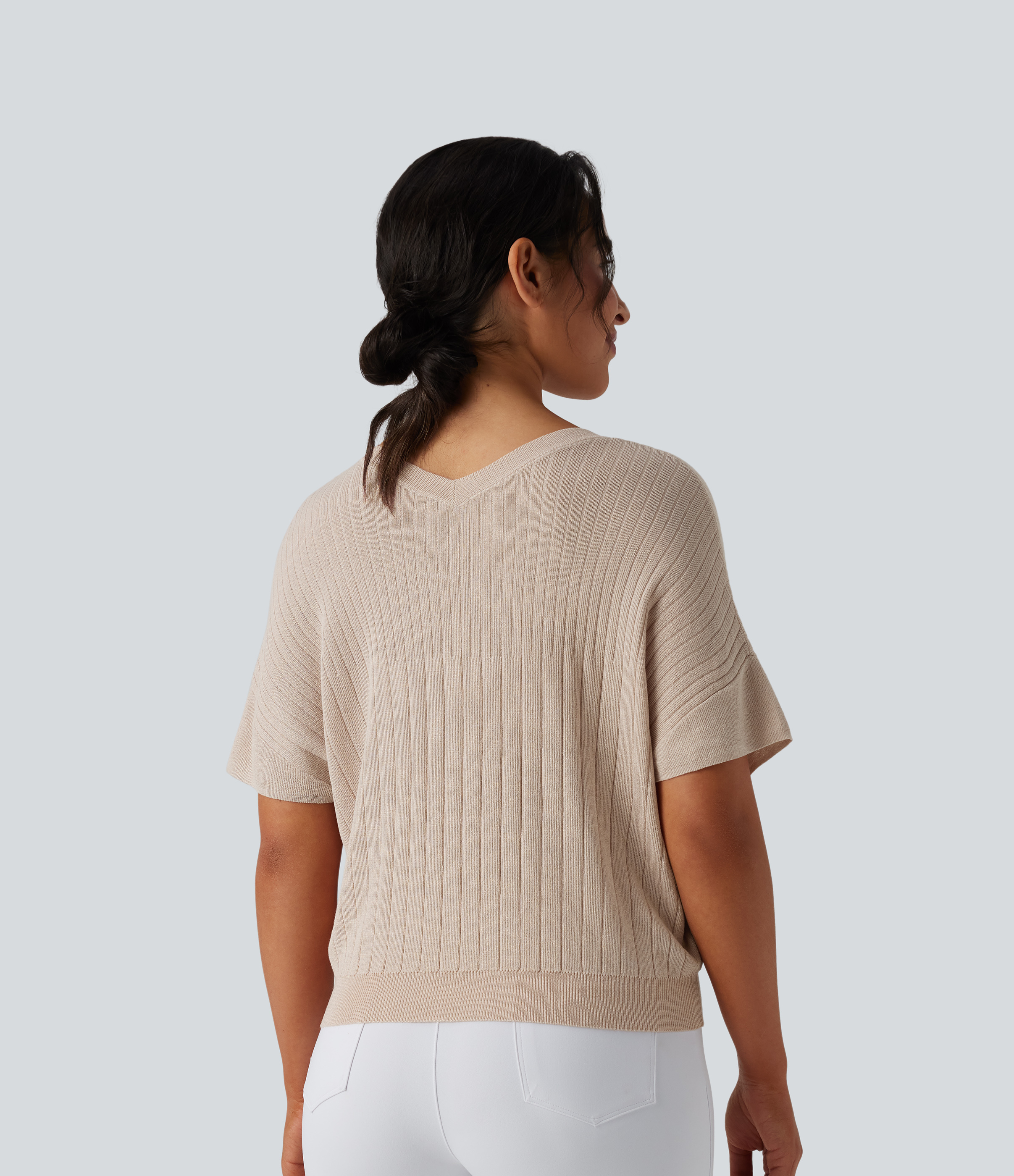 Almond Peach V Neck Short Sleeve Work Sweater / 2