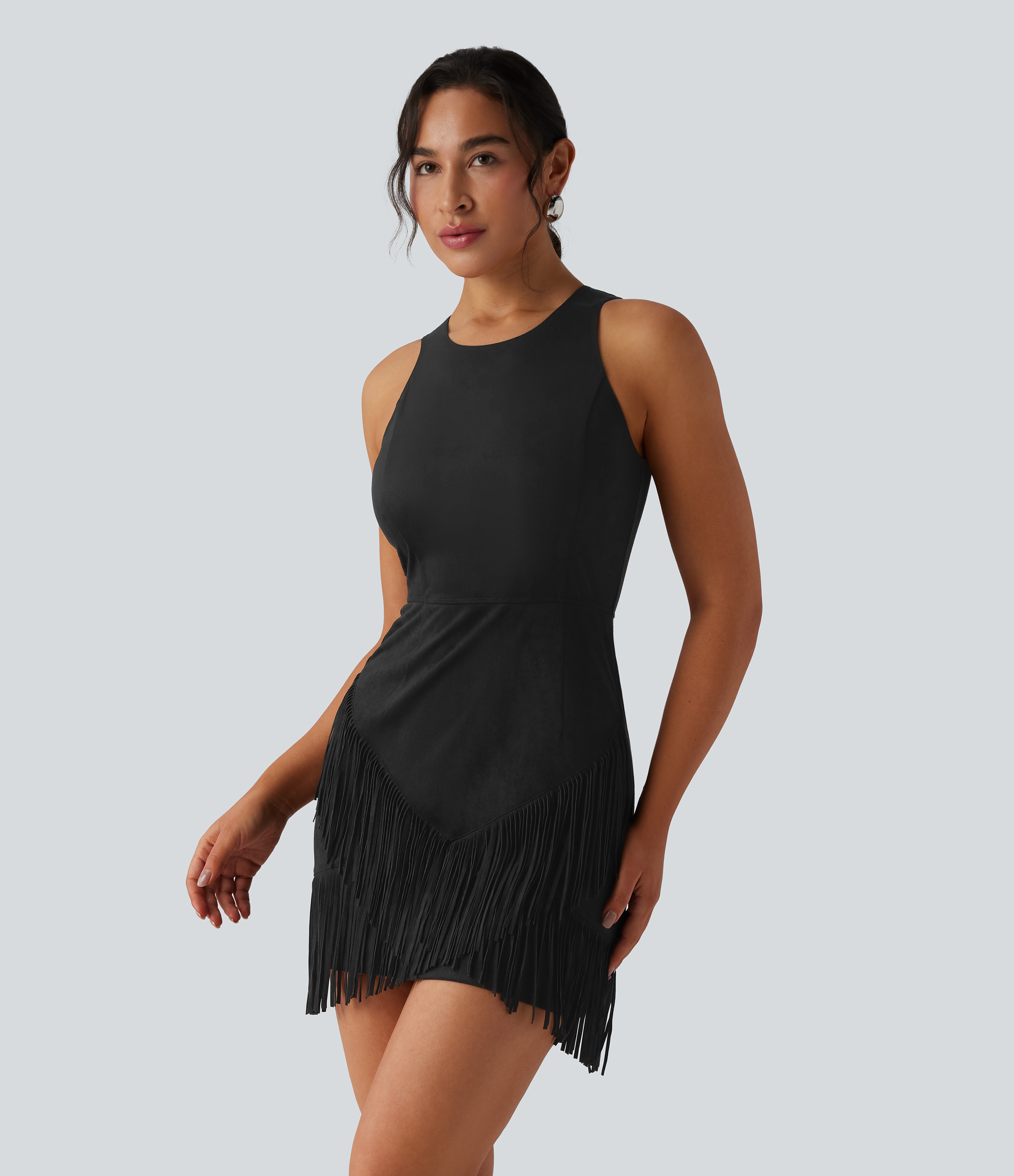 Round Neck Sleeveless Fringe Bodycon Suede Mini Dress