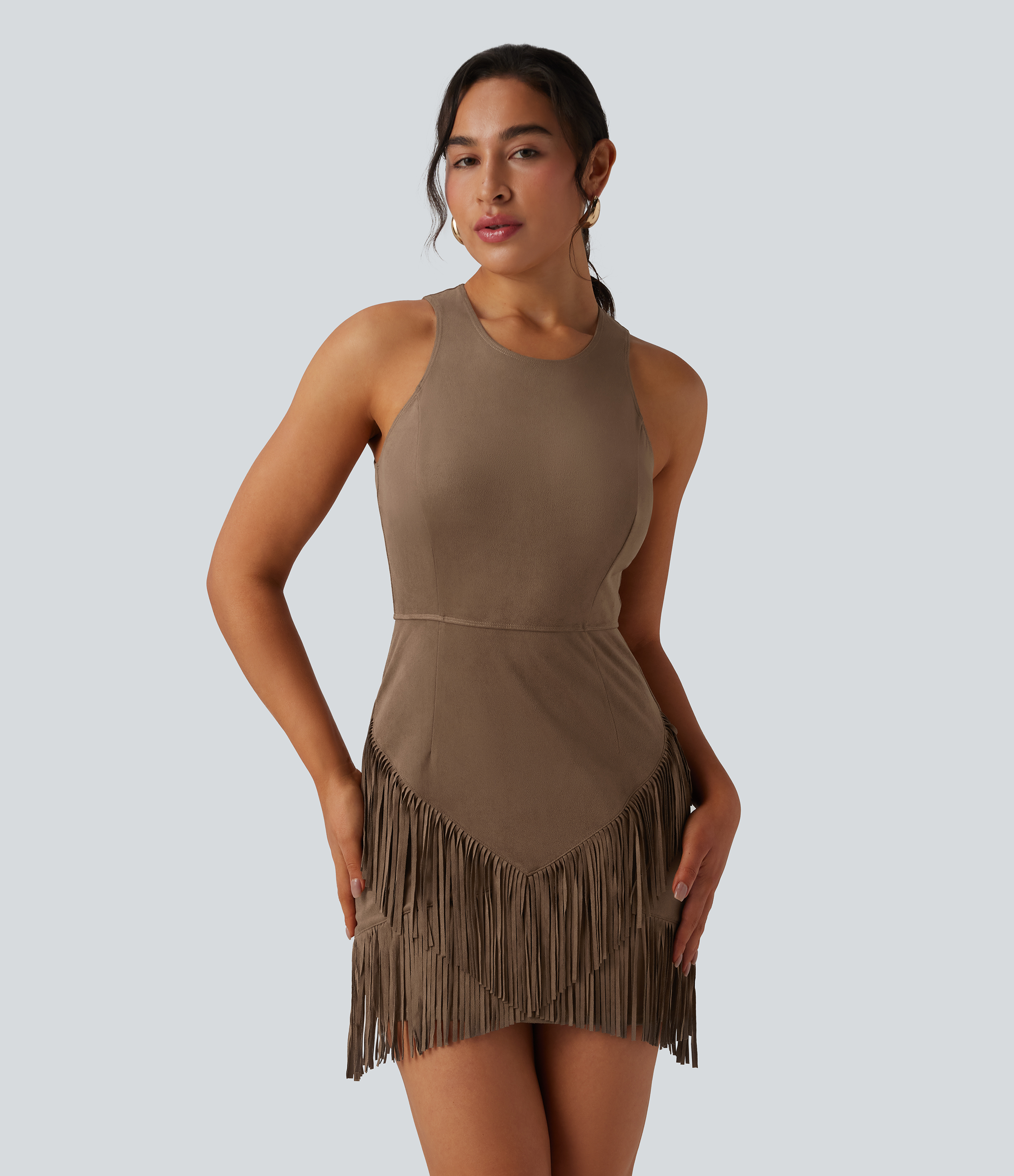 Round Neck Sleeveless Fringe Bodycon Suede Mini Dress