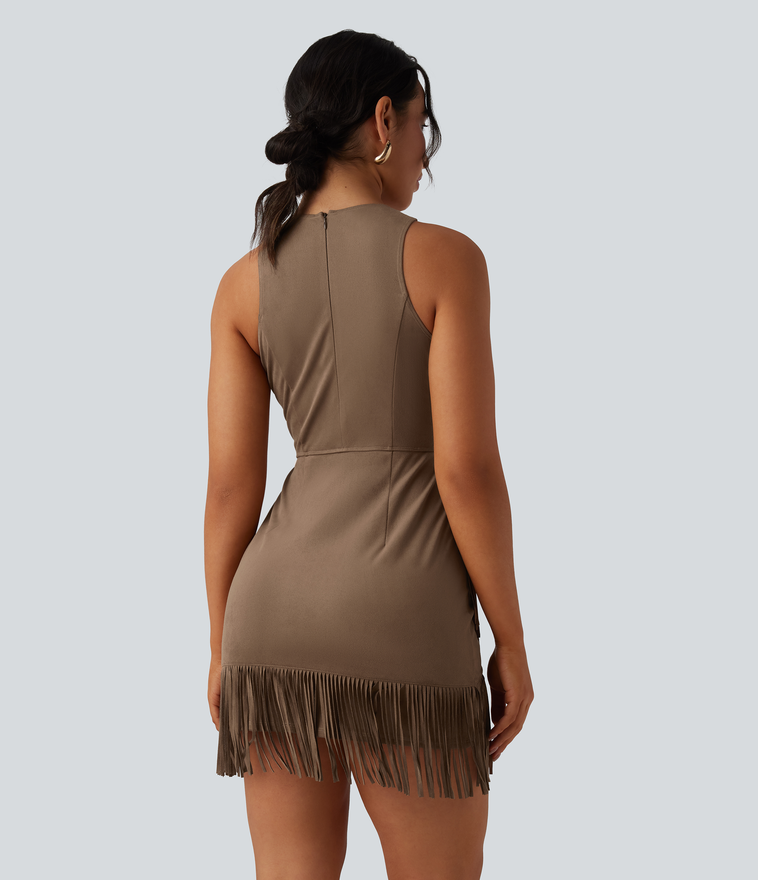 Coca Mocha Round Neck Sleeveless Fringe Bodycon Suede Mini Dress / 2