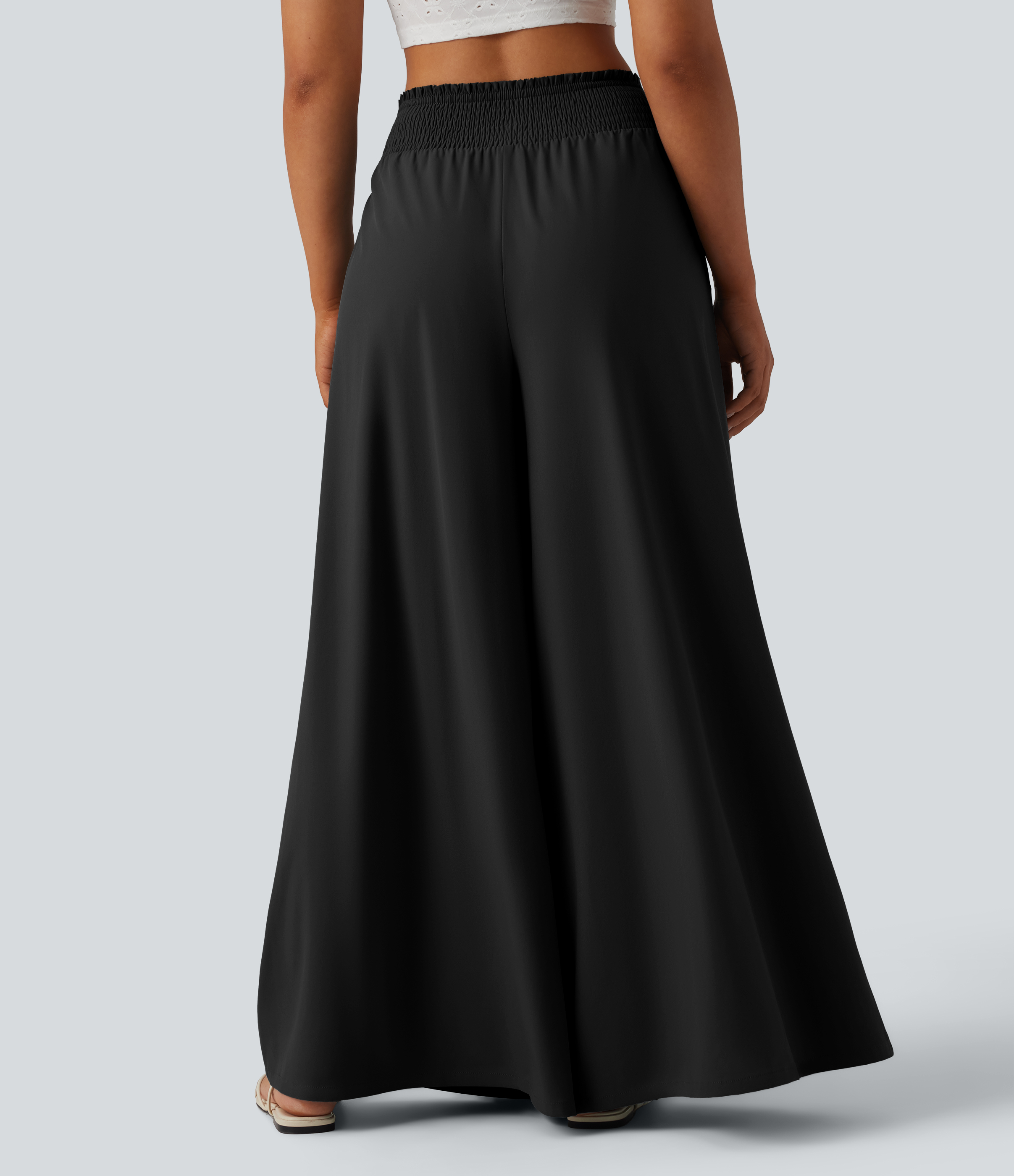 Black Breezeful™ High Waisted Shirred Tie Front Flowy Quick Dry Pants with Pockets / 2