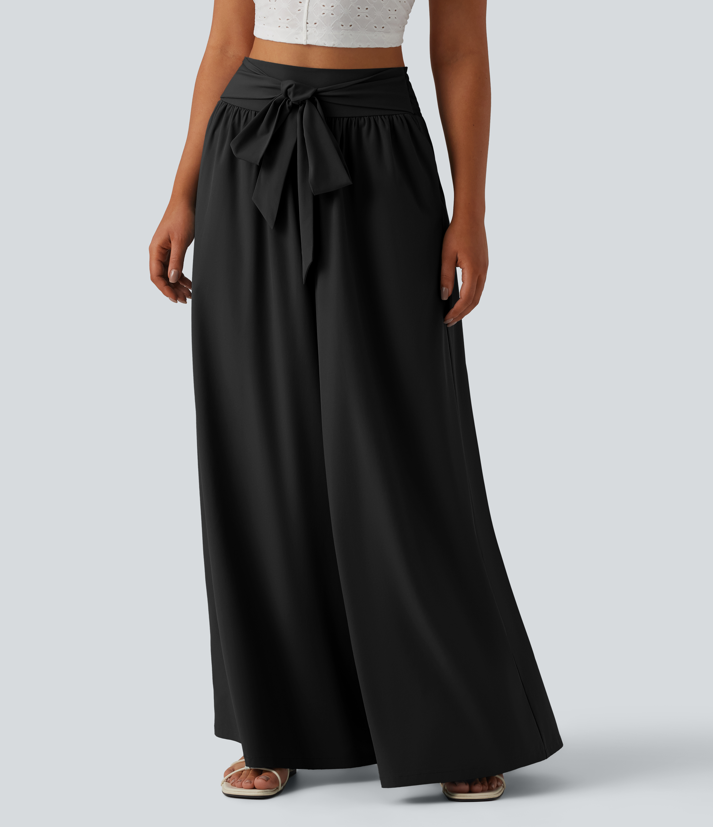 Breezeful™ High Waisted Shirred Tie Front Flowy Quick Dry Pants with Pockets