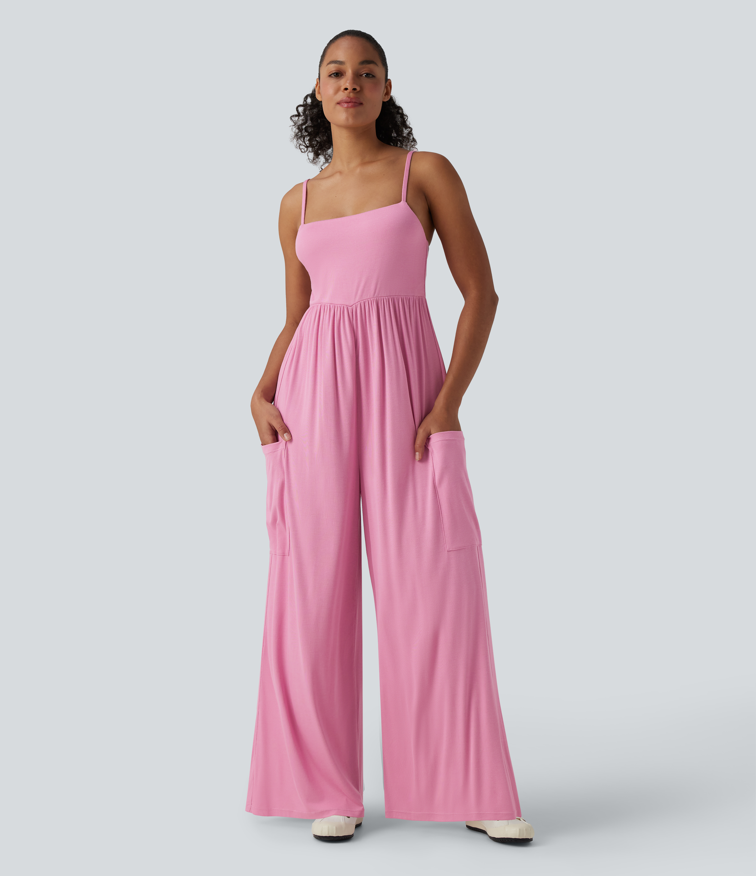 Ribbed Wide Leg Casual Slip Jumpsuit with Pockets