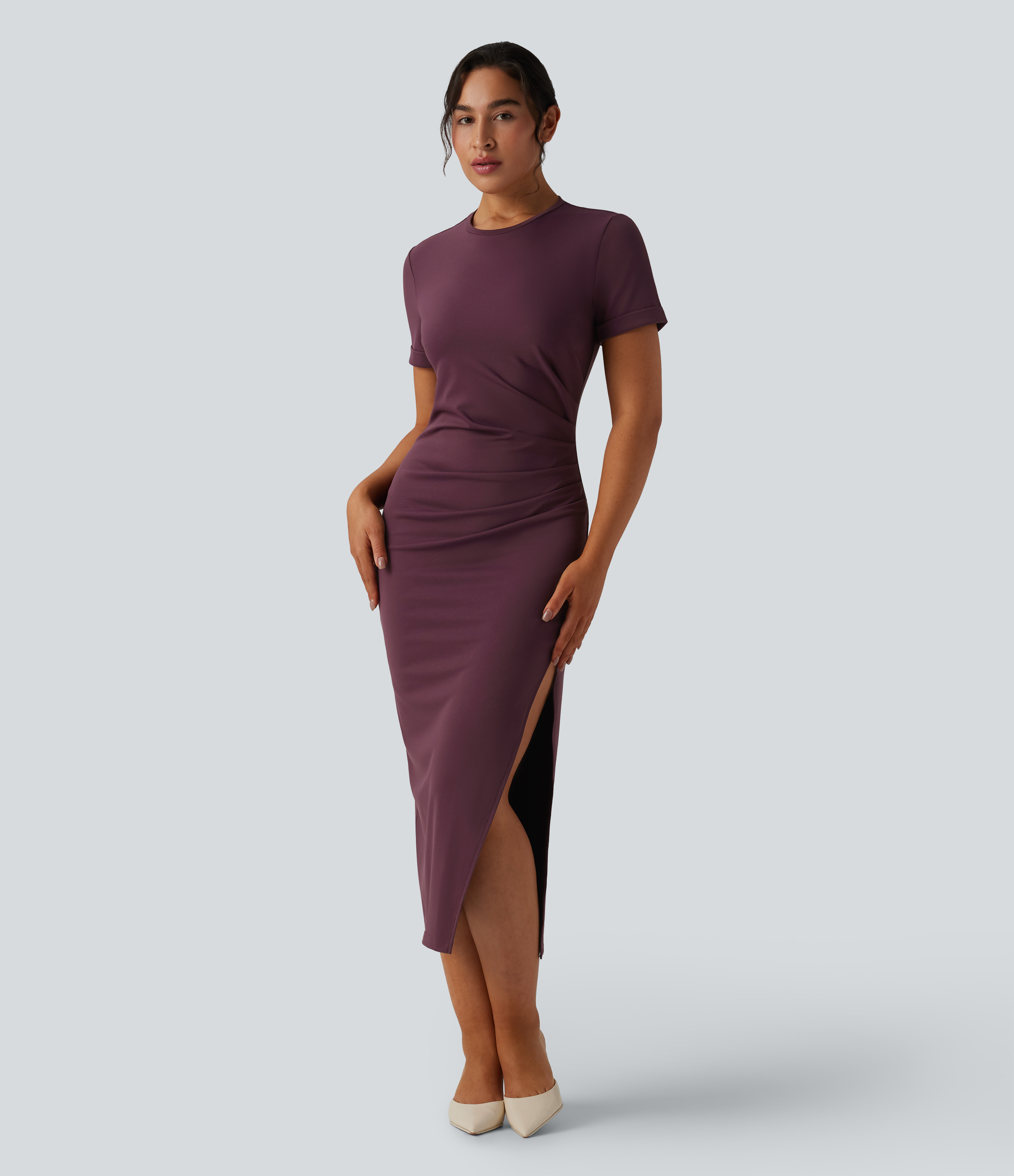 Robe midi décontractée col rond manches courtes