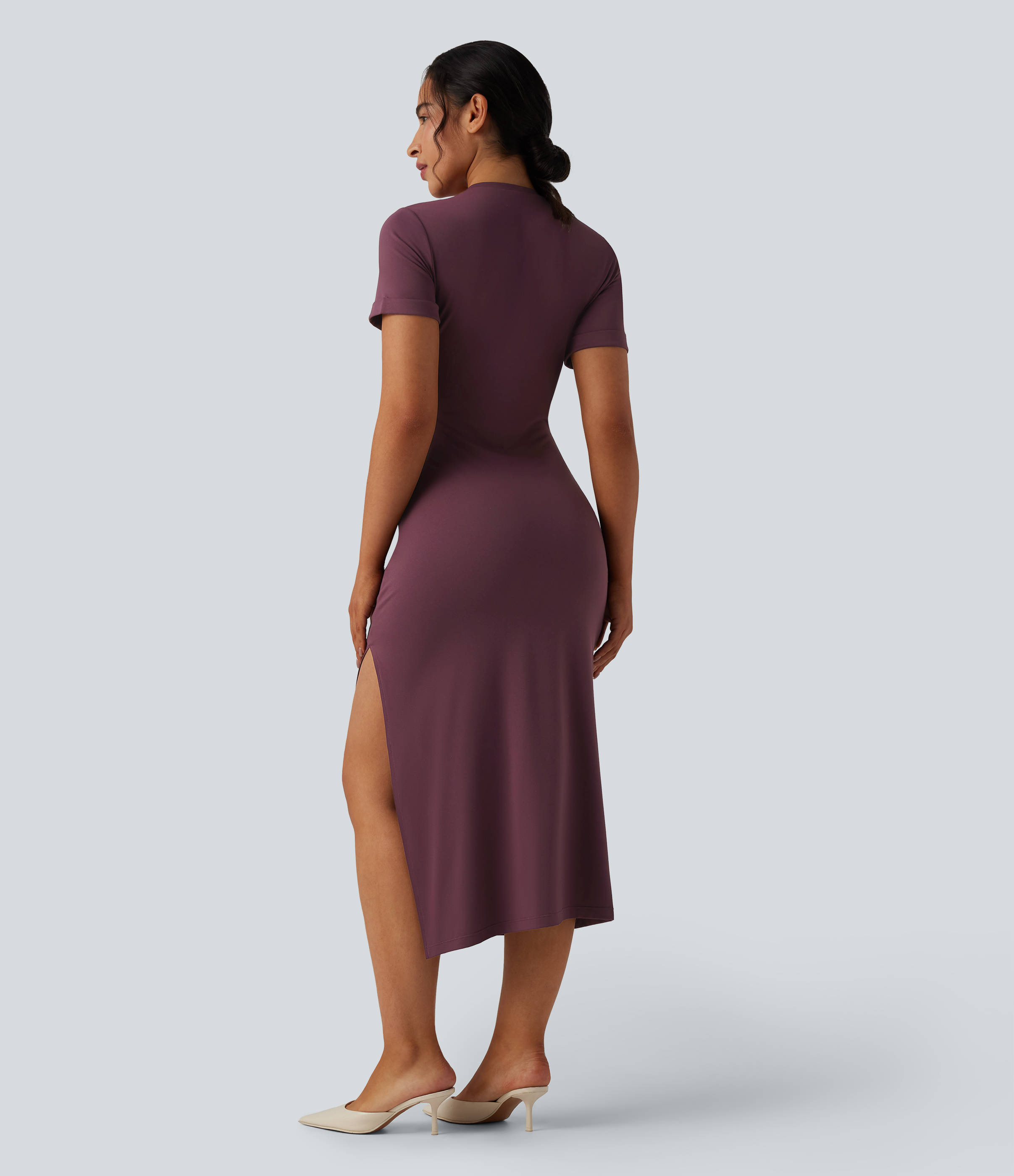 Plum Wine Robe midi décontractée col rond manches courtes / 2