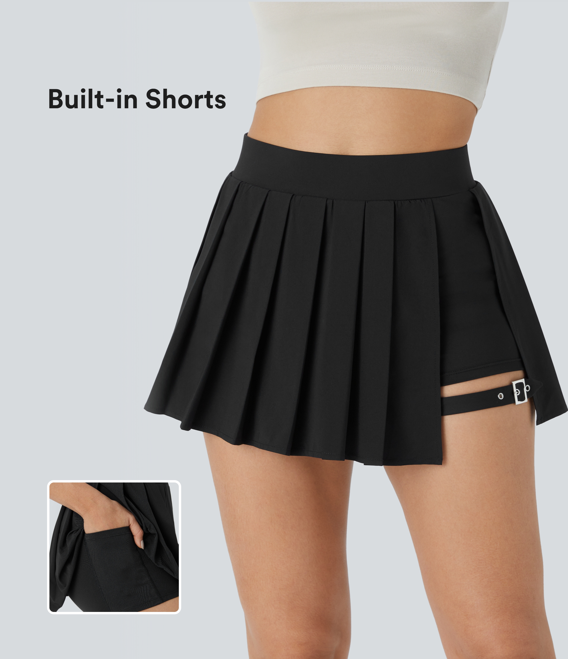 Jupe de soirée Breezeful™ taille haute plissée 2 en 1 avec poche et boucle ajustable, micro-mini à séchage rapide