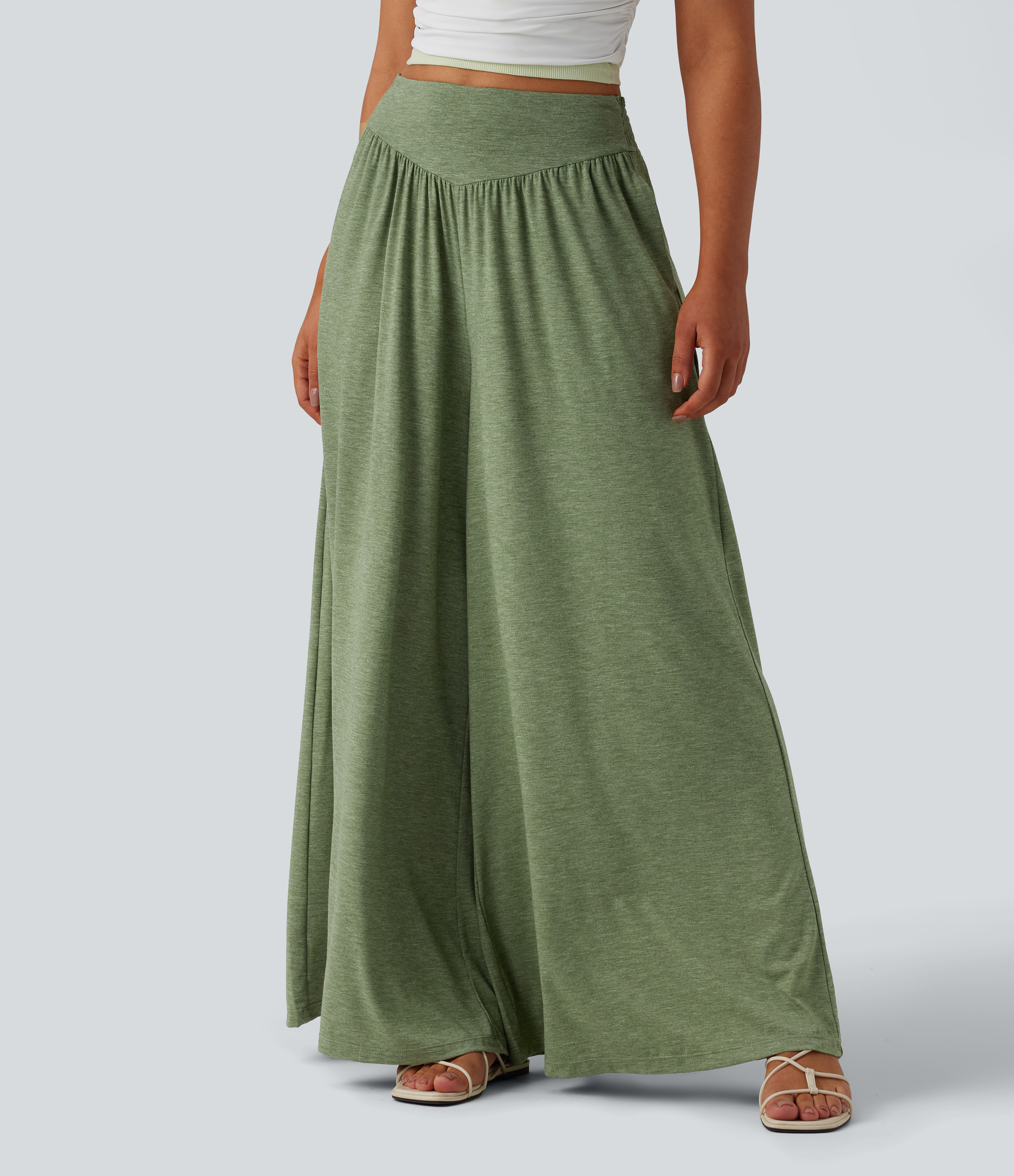 High Waisted Shirred Flowy Trousers with Pockets