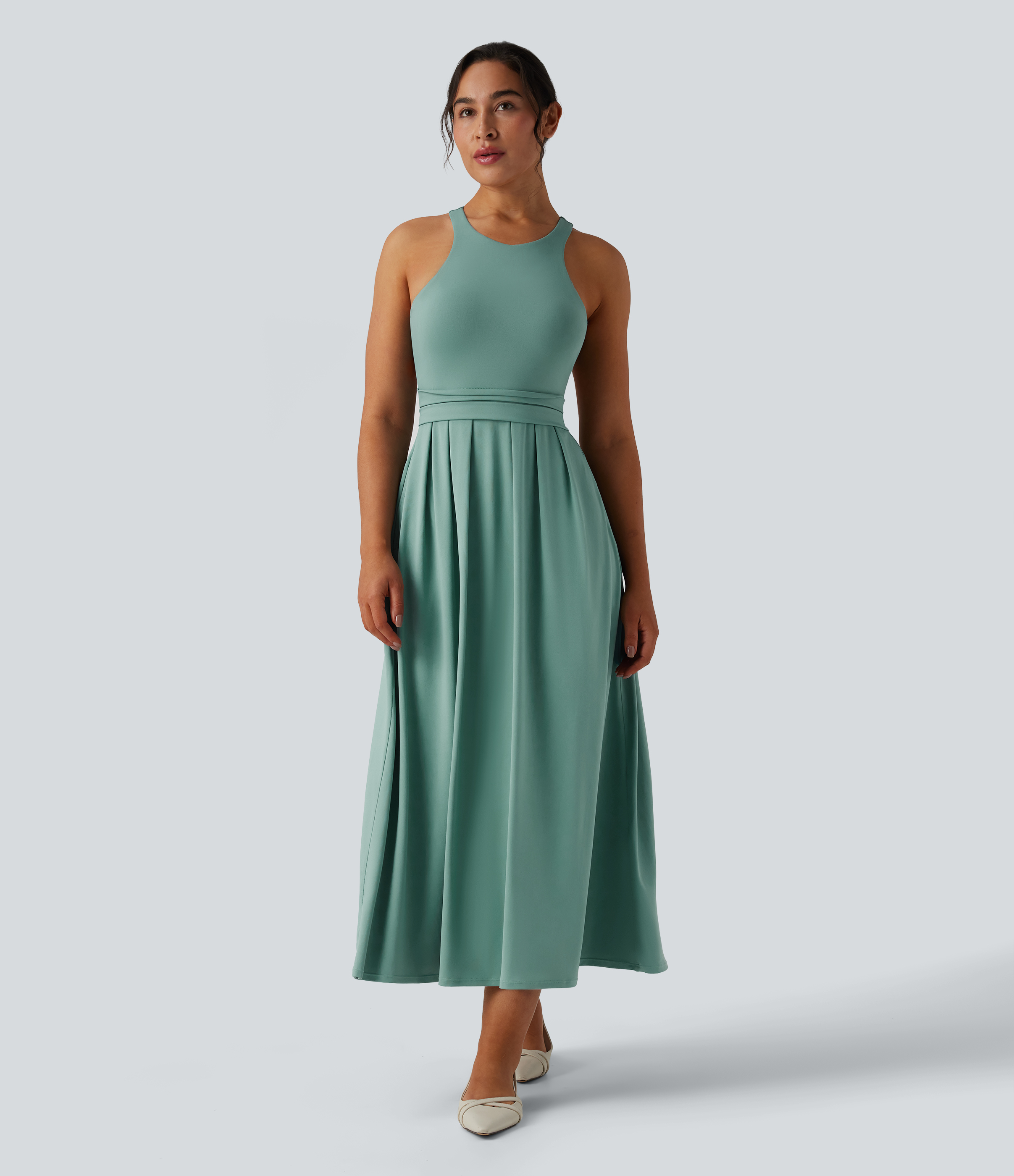 Azure Vestido midi casual con cuello redondo, espalda racerback y bolsillos / 2
