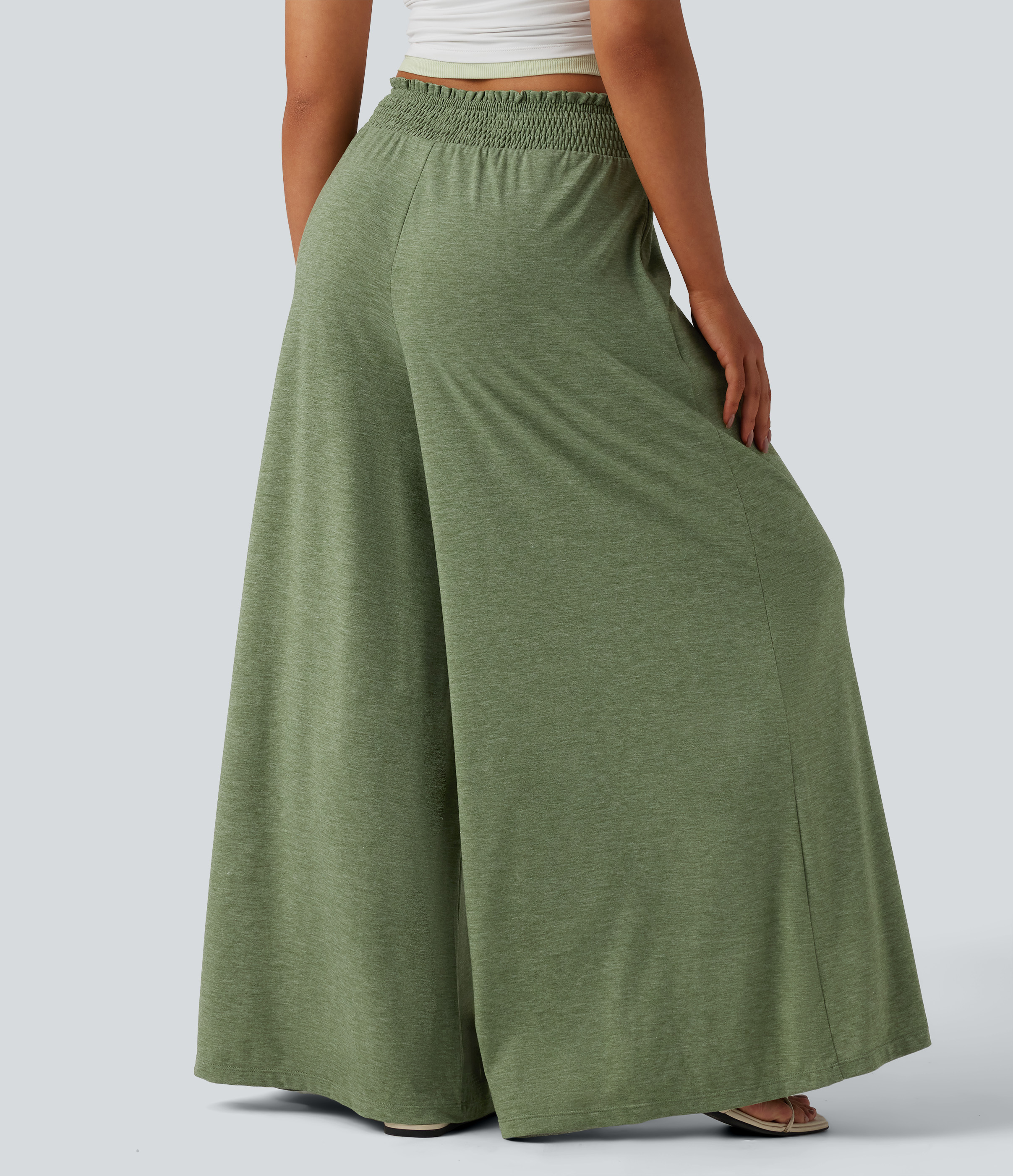 Light Green Floral Yarn Vloeiende broek met hoge, gerimpelde taille en zakken / 2