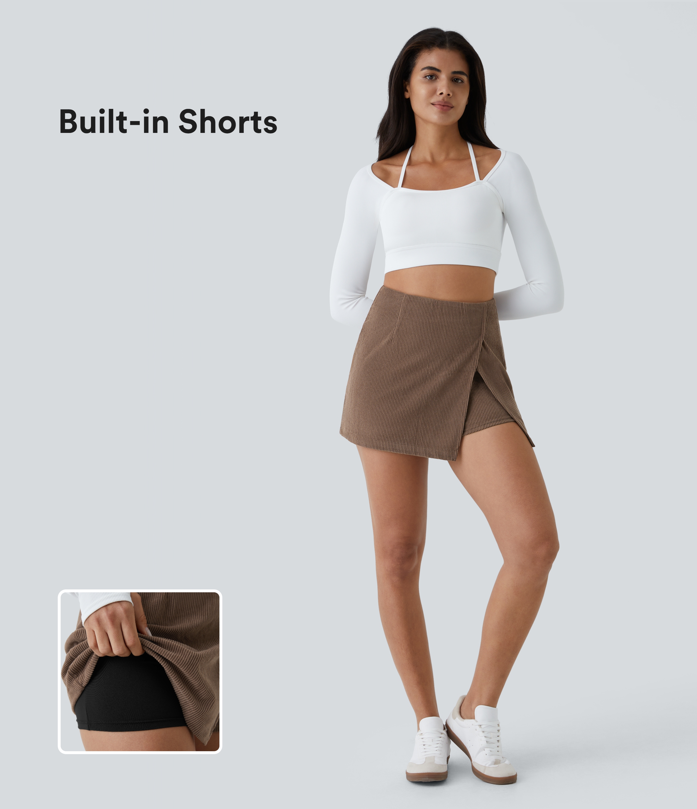 High Waisted Back Zipper Split Hem 2-in-1 Corduroy Casual Skirt