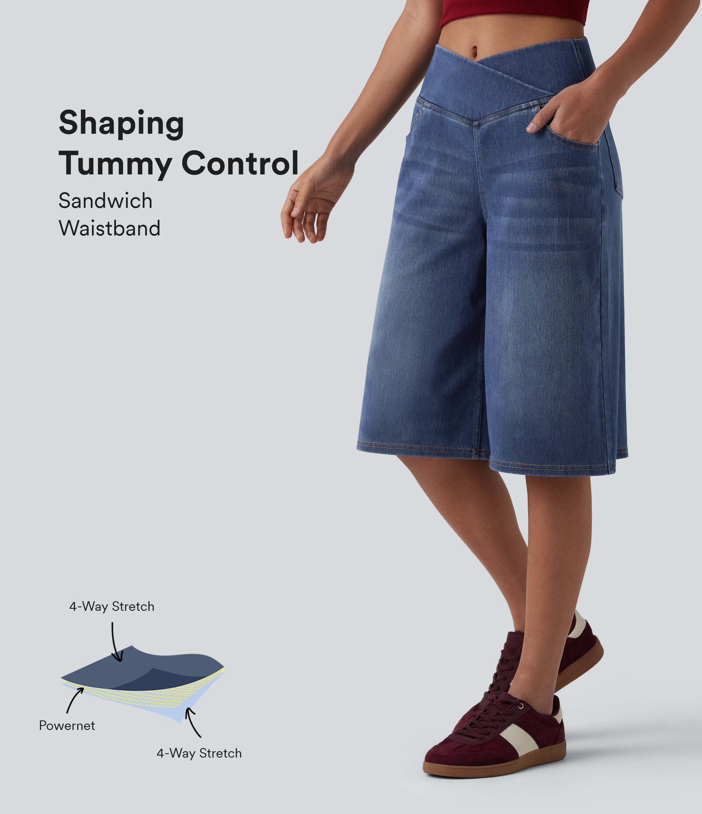 Halara Flex™ Crossover High Waisted Tummy Control Denim Casual Baggy Shorts with Pockets