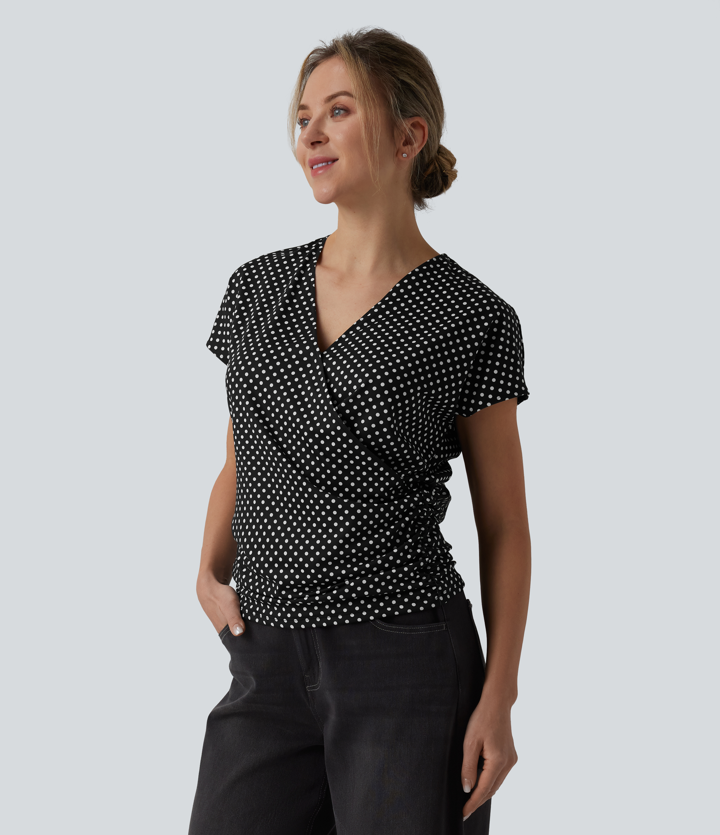 V Neck Short Sleeve Ruched Polka Dot Casual T-Shirt