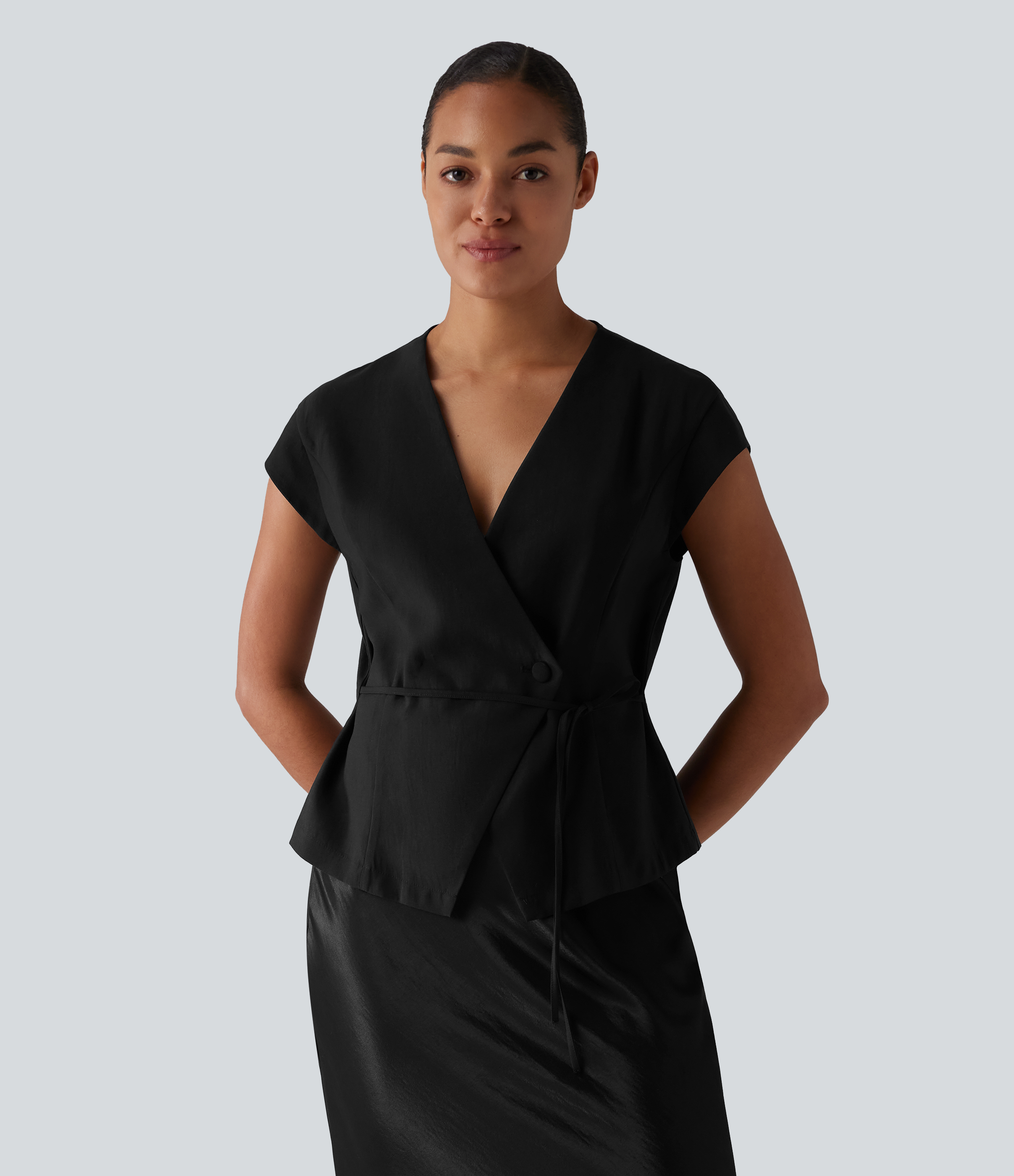 V Neck Short Sleeve Tie Front Work Linen-Feel Blouse