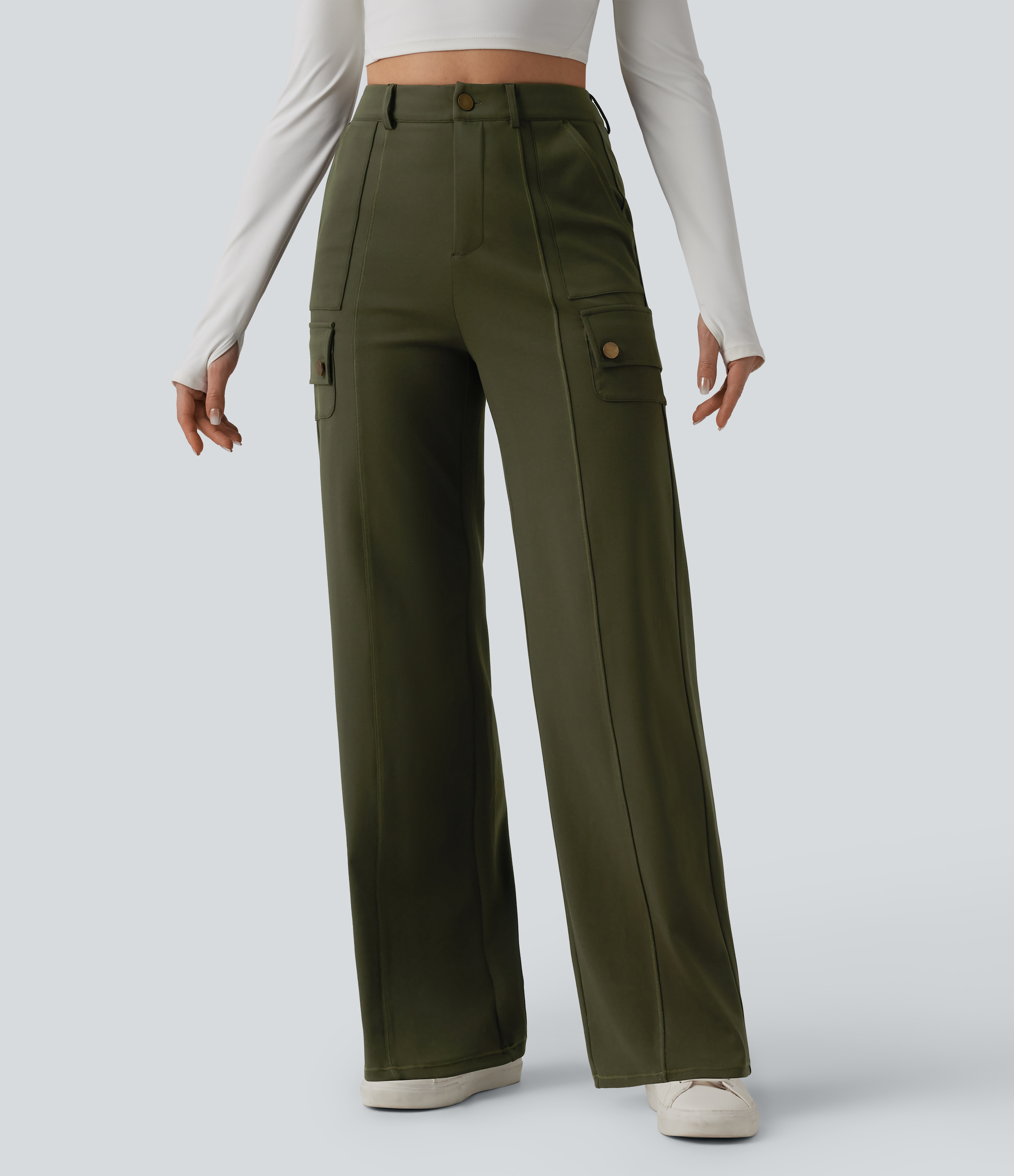 DayStretch High Waisted Straight Leg Casual Cargo Trousers with Pockets
