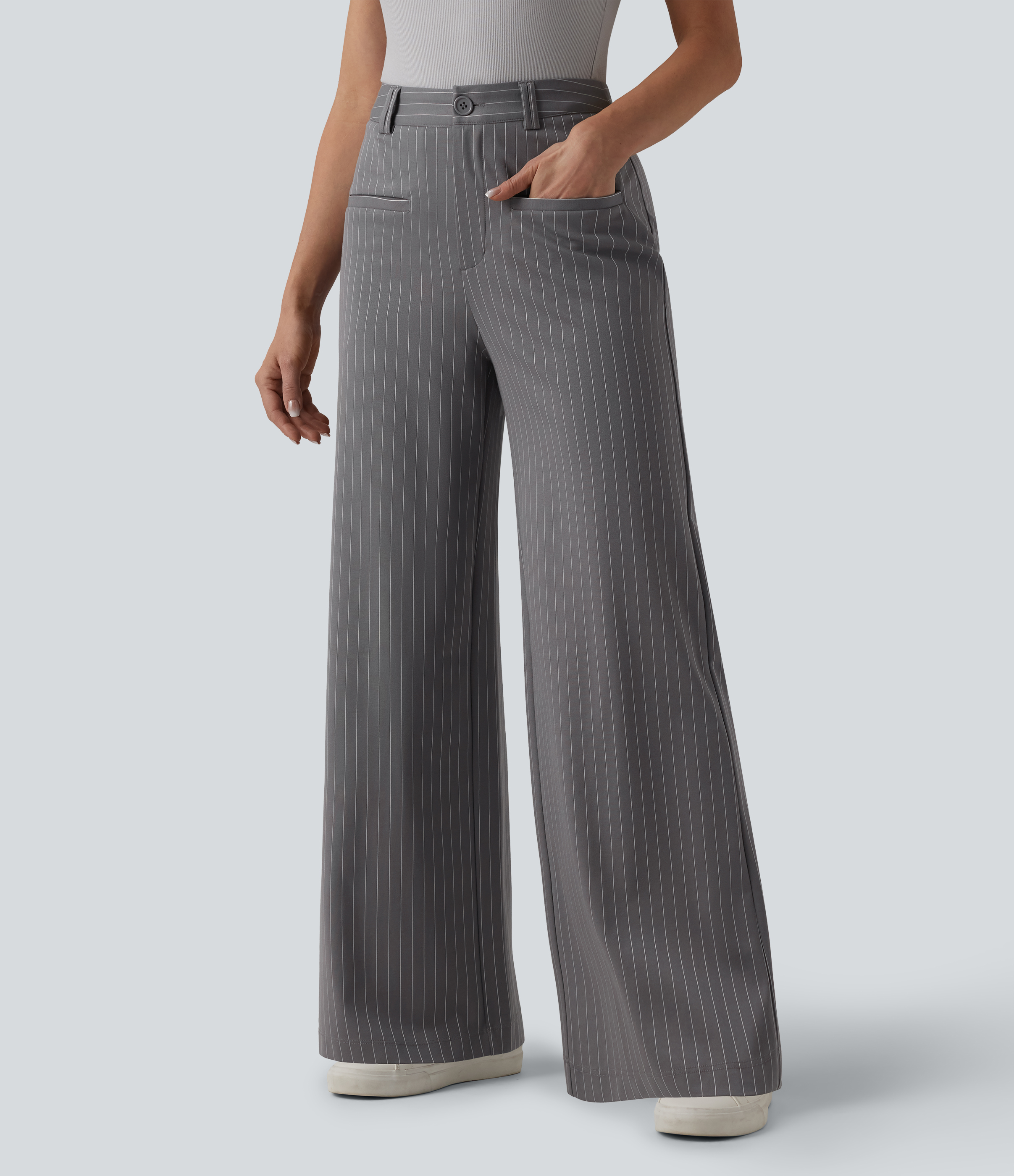 Halara Flex™ Arbeitshose mit mittelhohem Bund, weitem Bein, kühlendem Streifenmuster und Taschen