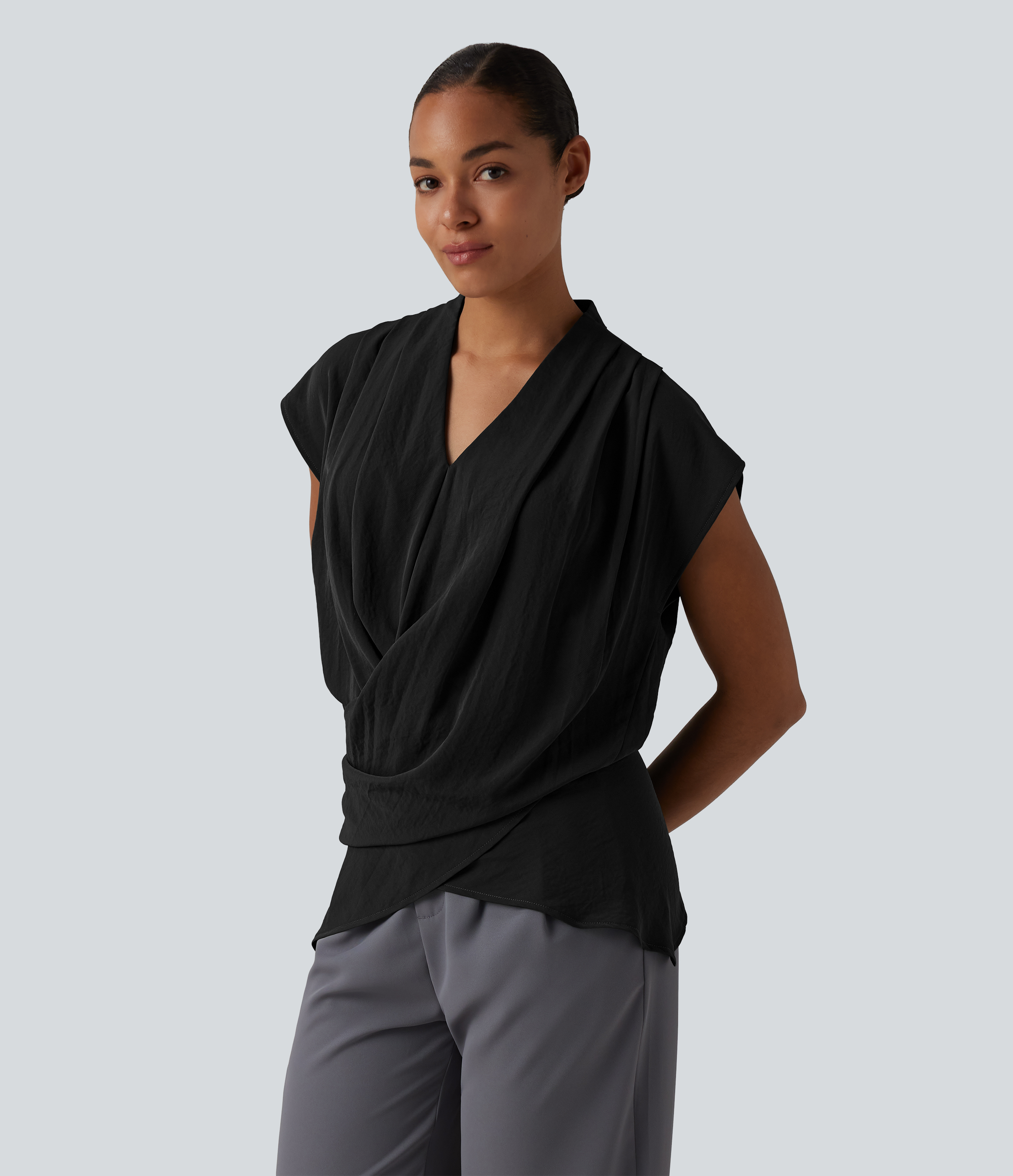 V Neck Wrapped Sleeveless Linen-Feel Work Blouse