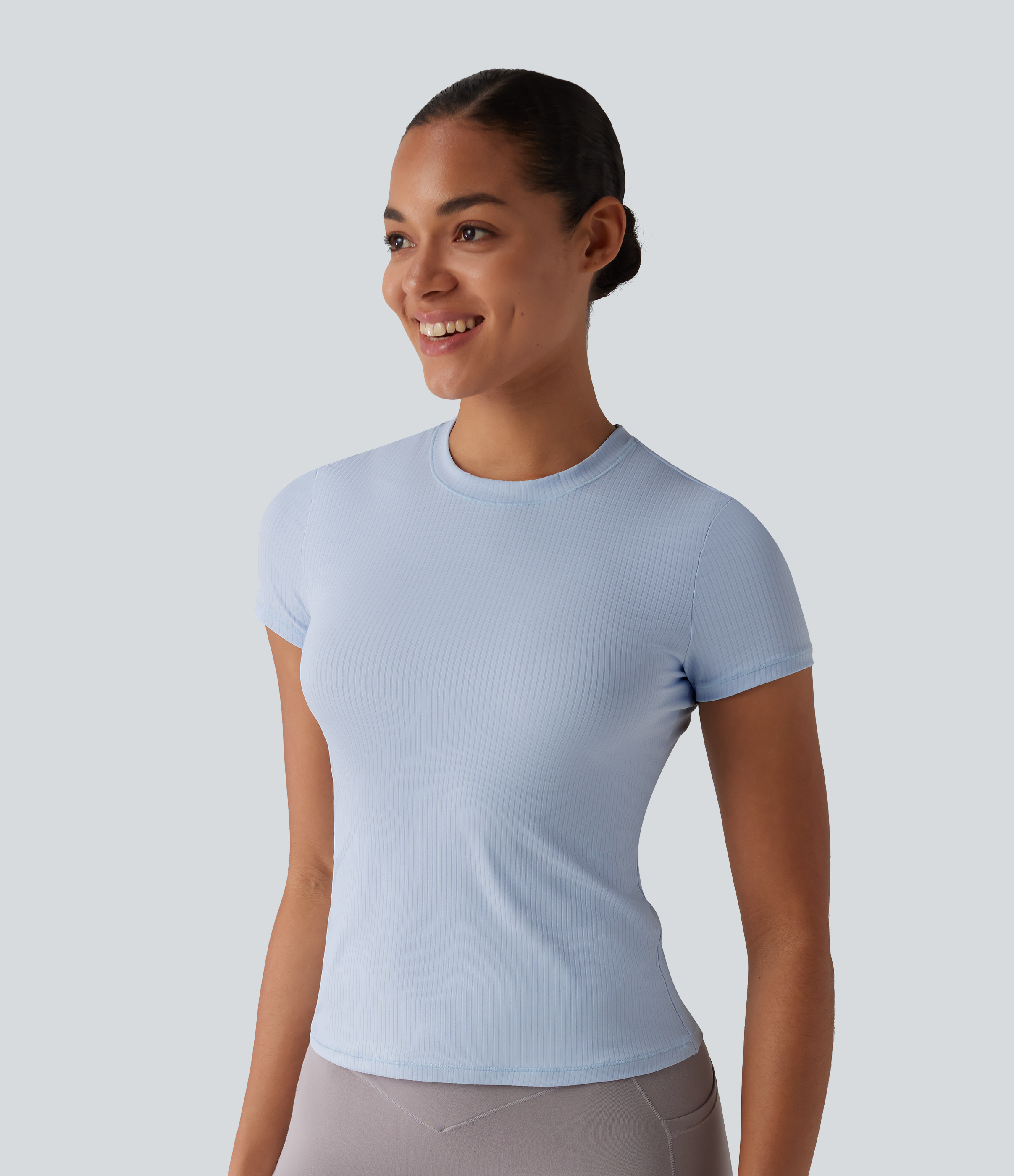 Ribbed Knit Round Neck Short Sleeve Workout Sports Top