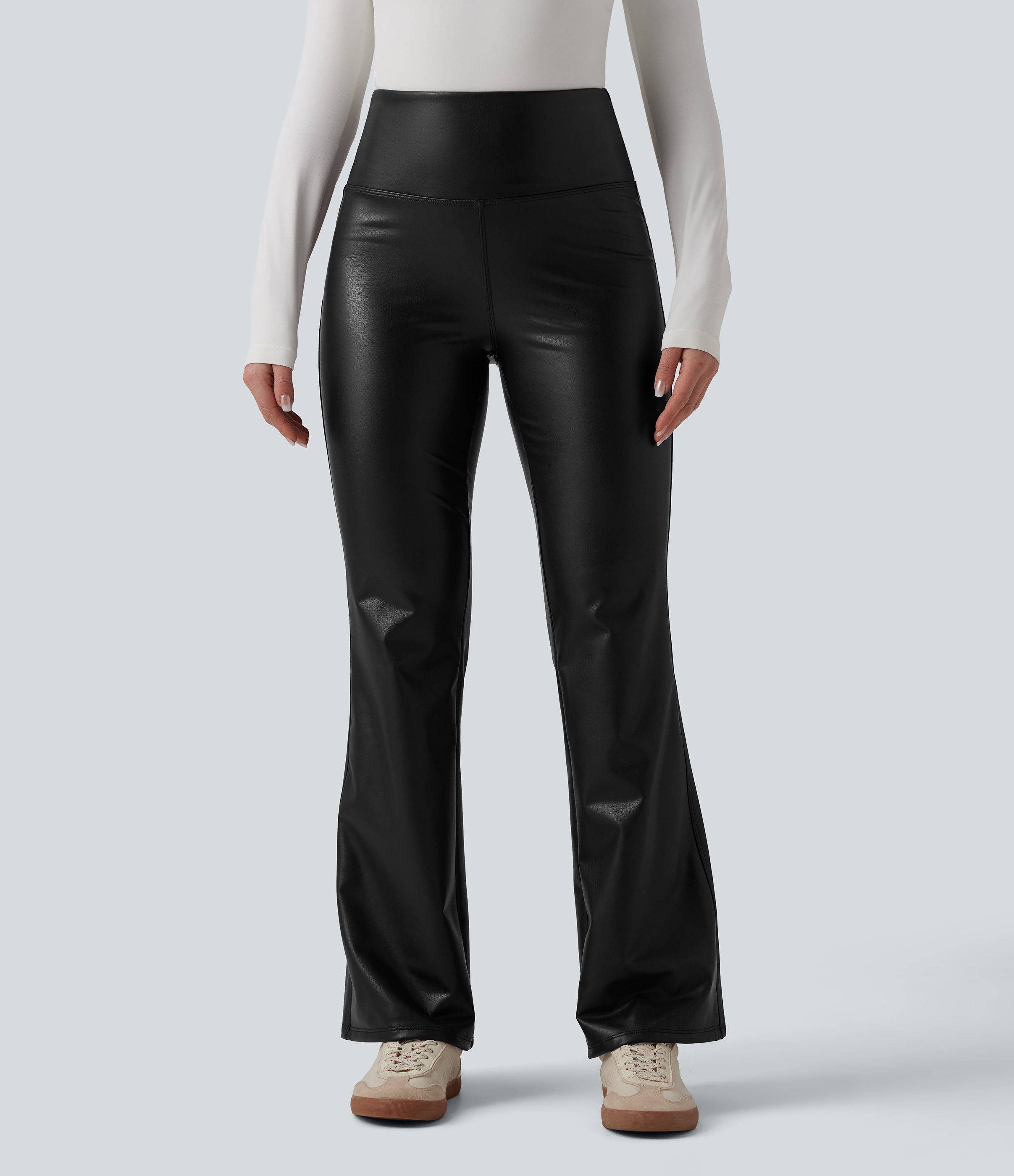 High Waisted Tummy Control Stretchy PU Fleece Flare Casual Pants with Pockets