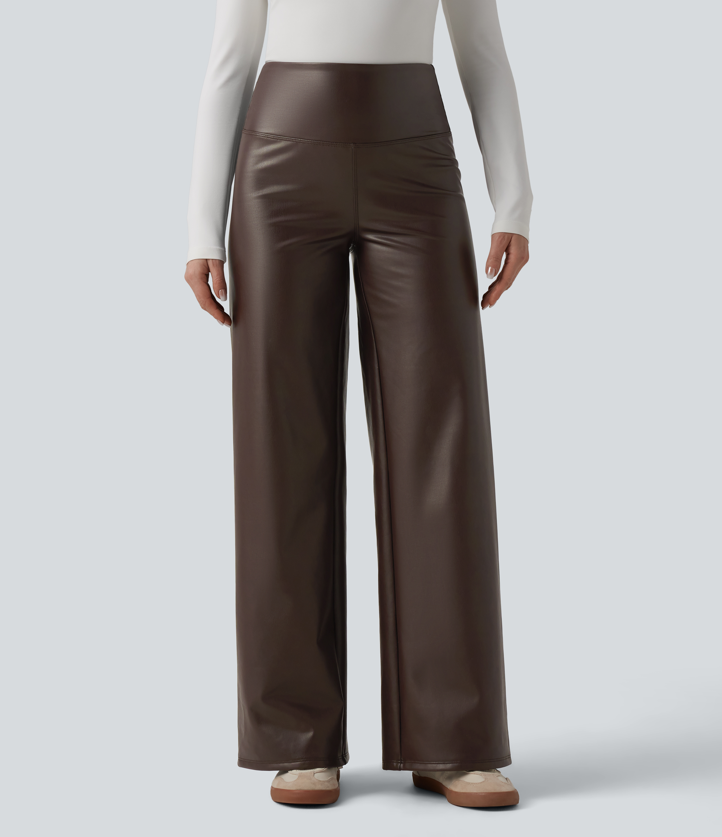 High Waisted Tummy Control Wide Leg Stretchy PU Fleece Casual Pants with Pockets