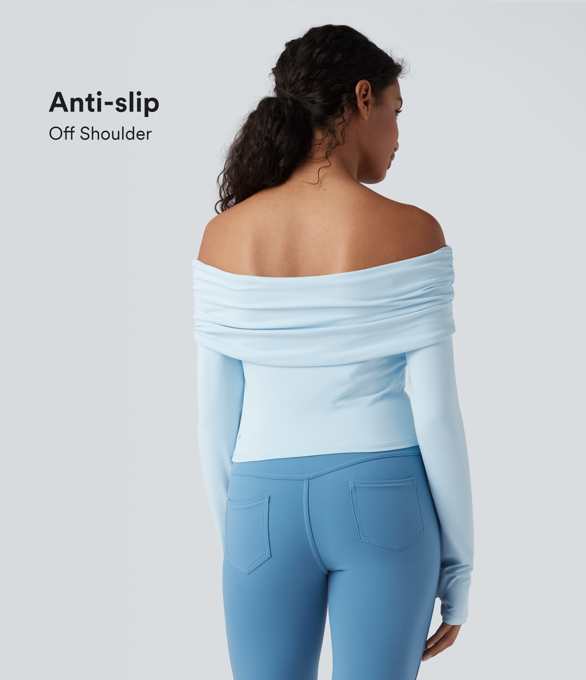 Anti-slip Off Shoulder Long Sleeve Thumb Hole Yoga Sports Top