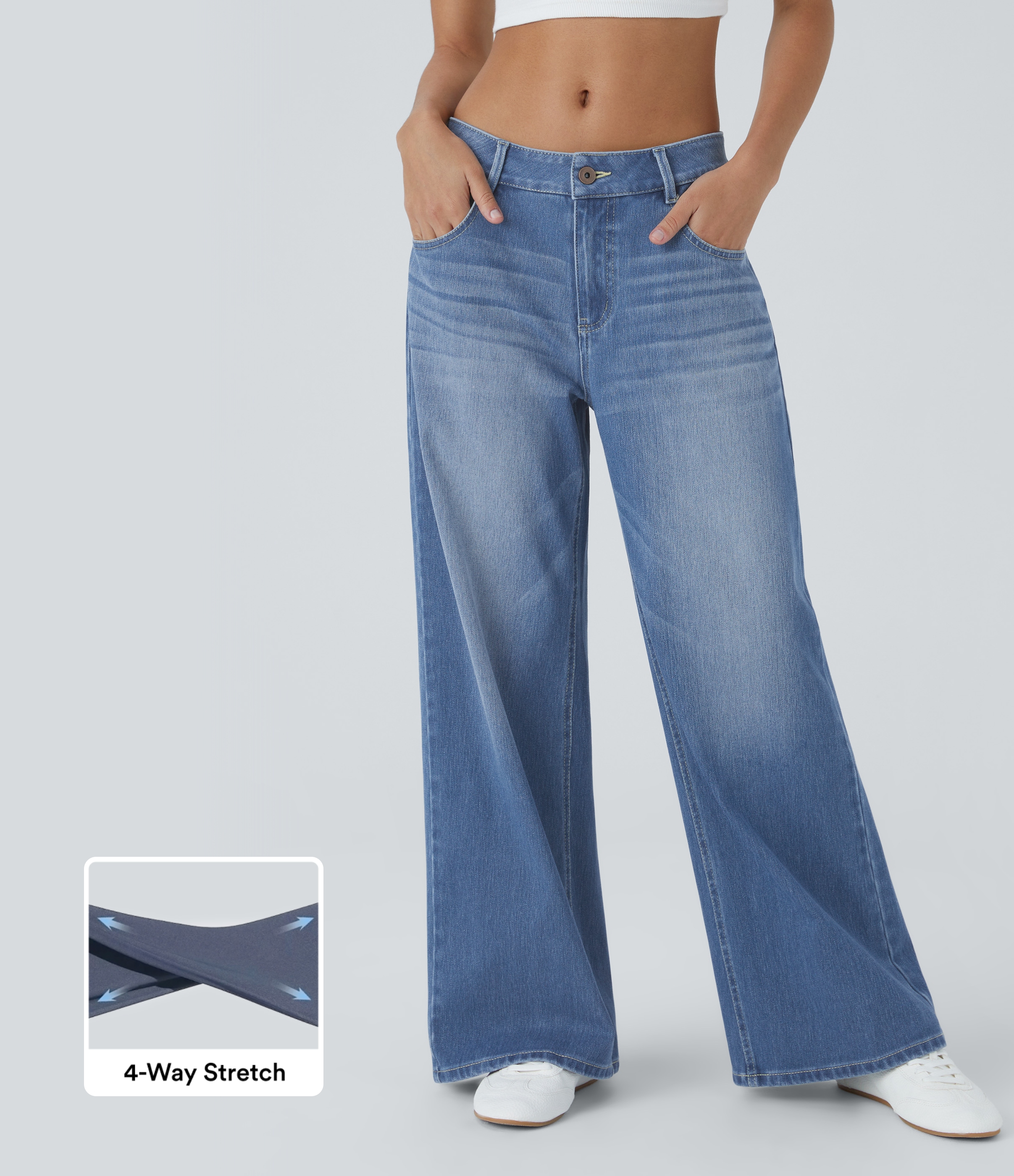 Halara Flex™ Low Rise Zipper Pockets Washed Baggy Wide Leg Women Casual Denim Jeans
