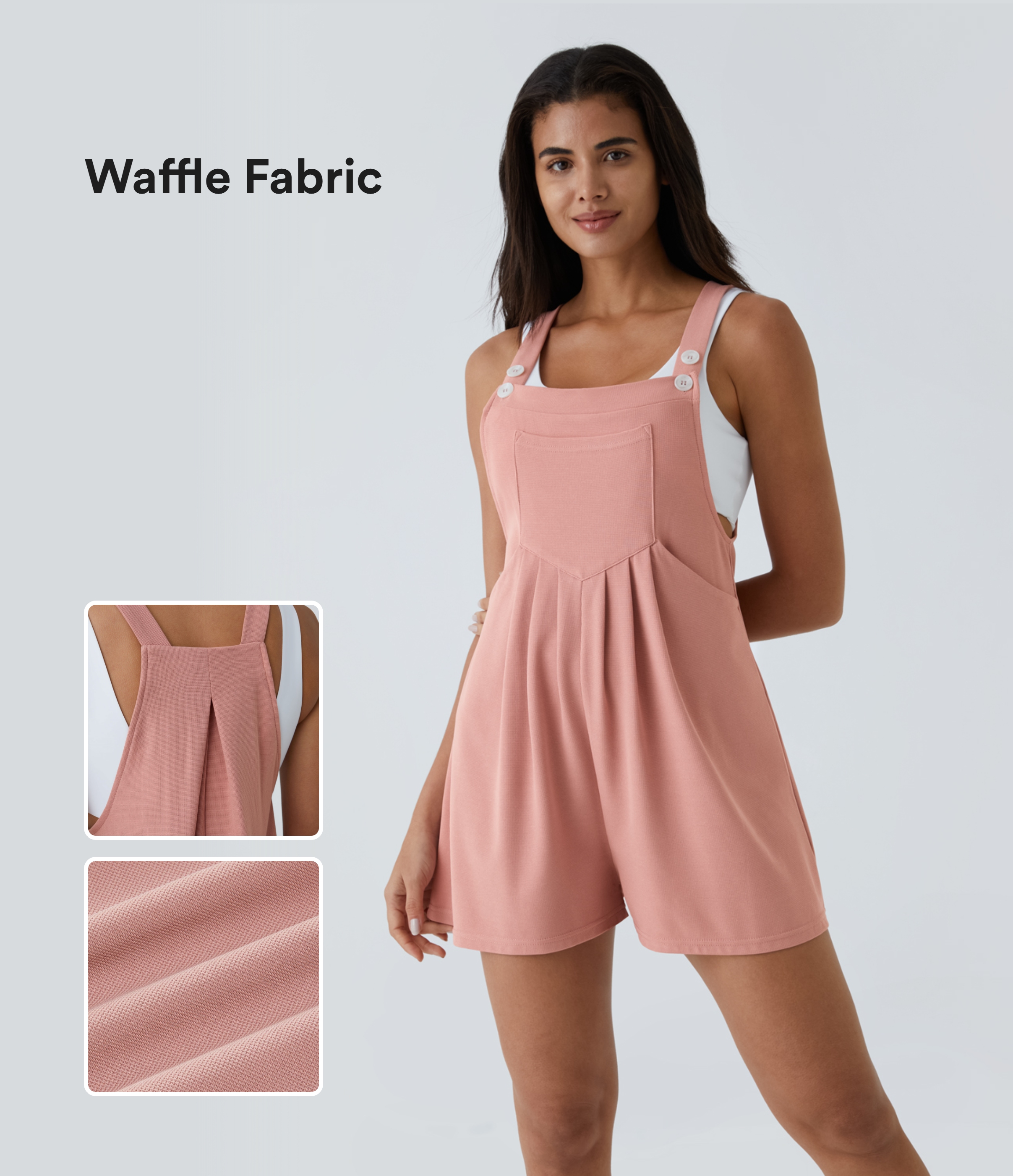 Adjustable Strap Button Multiple Pocket Pleated Waffle Casual Overalls