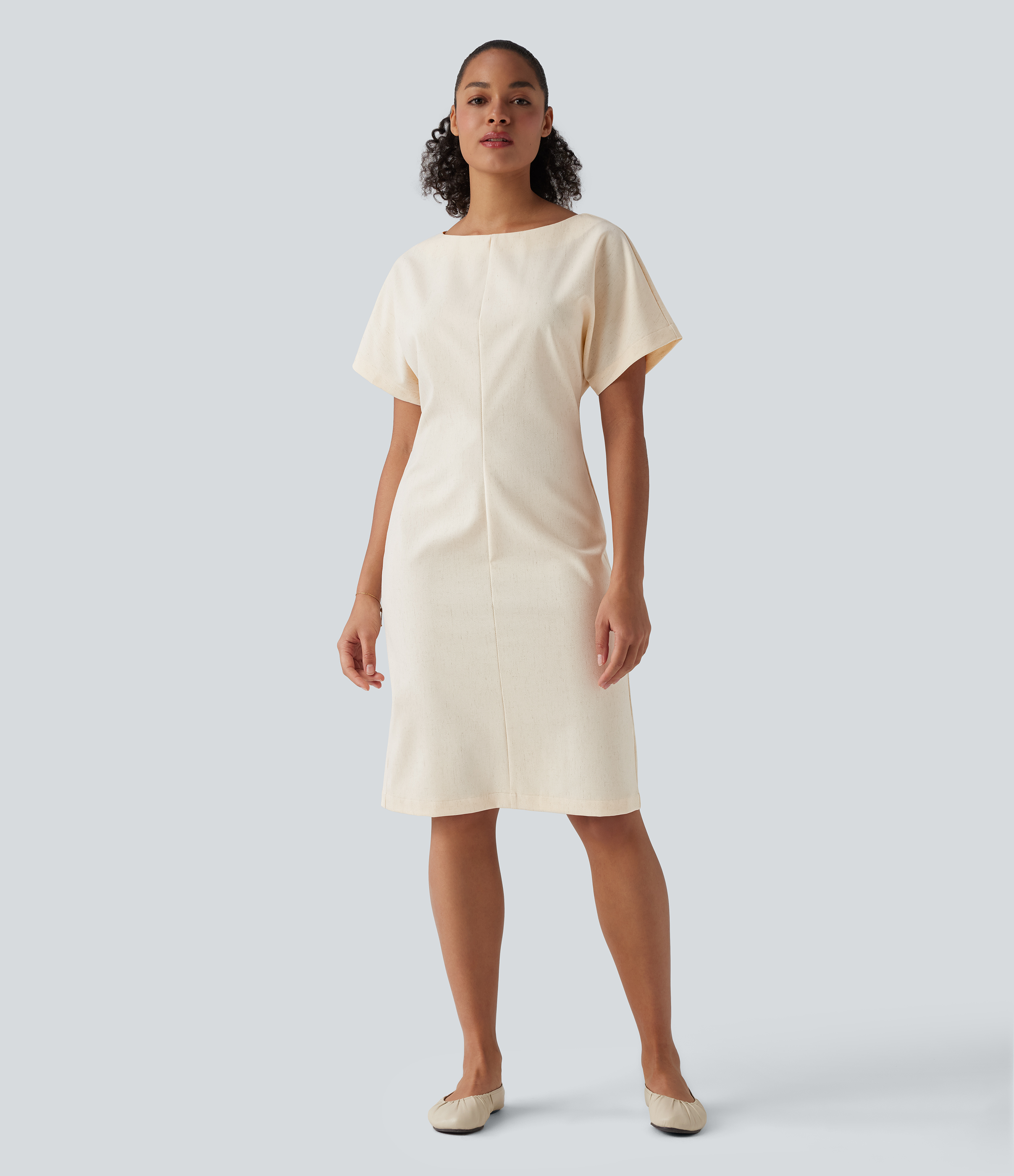 Linen blend work midi dress with boat neck and short sleeves