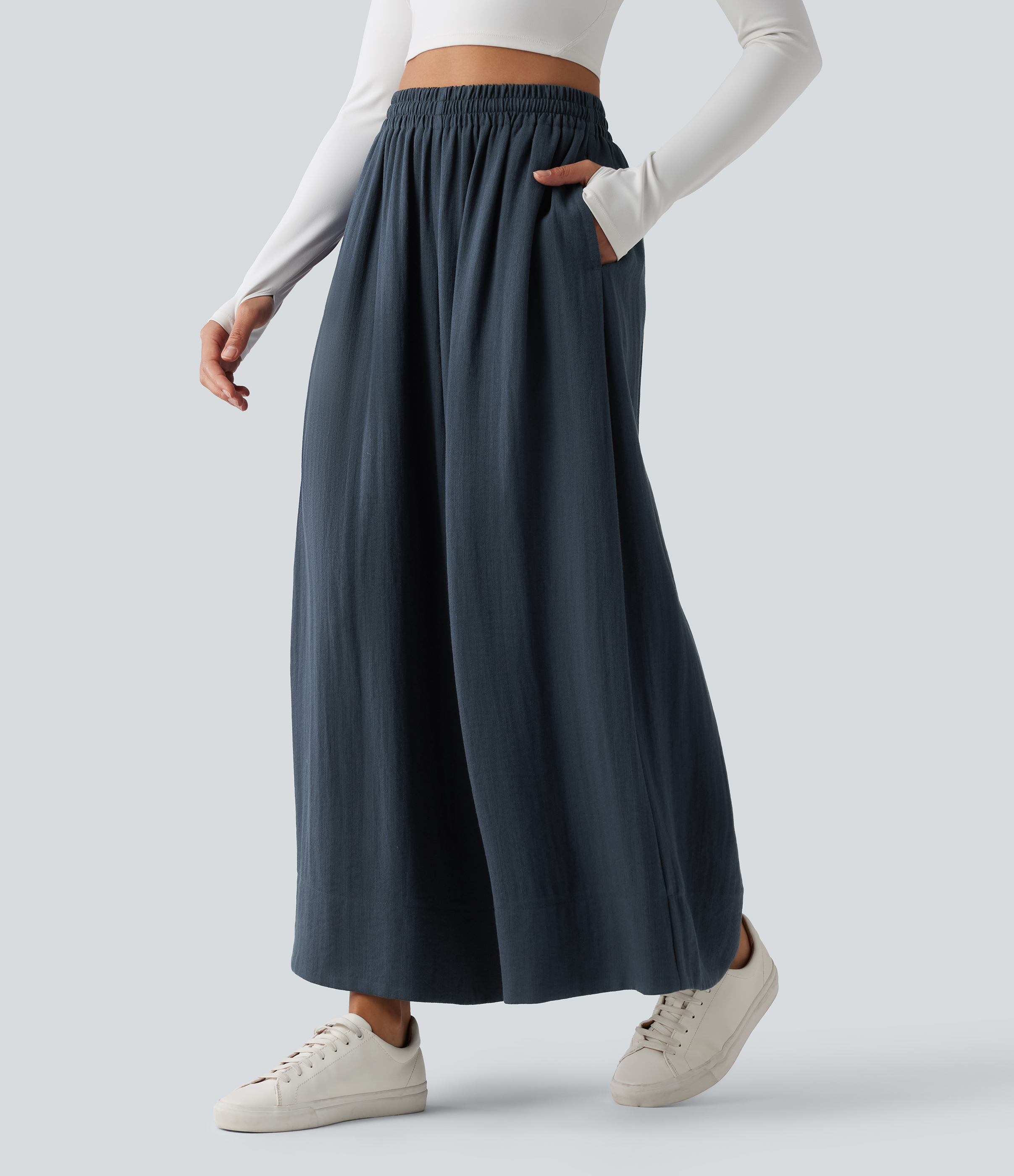 Pantalon large fluide décontracté taille haute avec cordon de serrage intérieur avec poches
