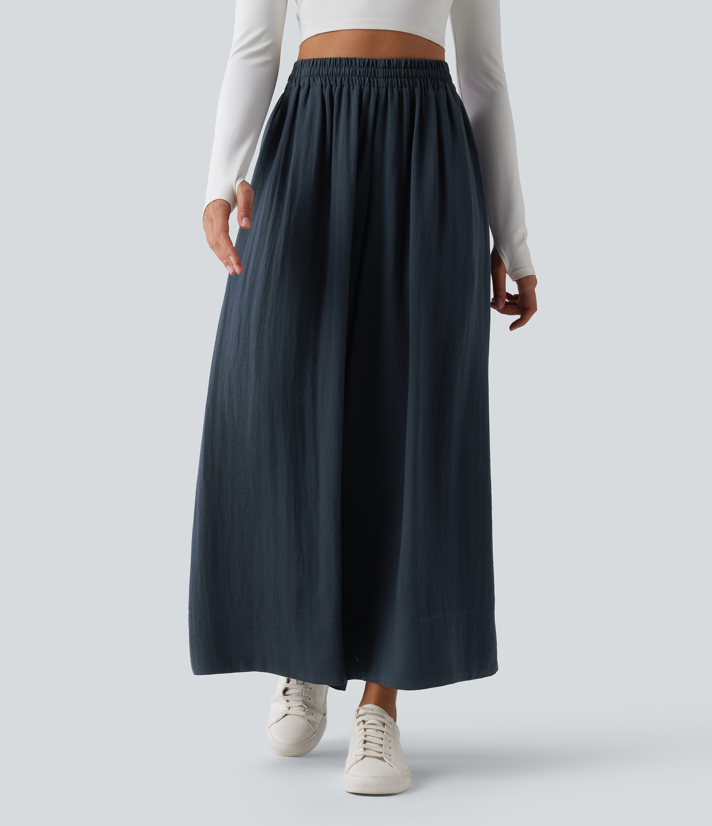 High Waisted Inner Drawstring Flowy Wide Leg Casual Trousers with Pockets