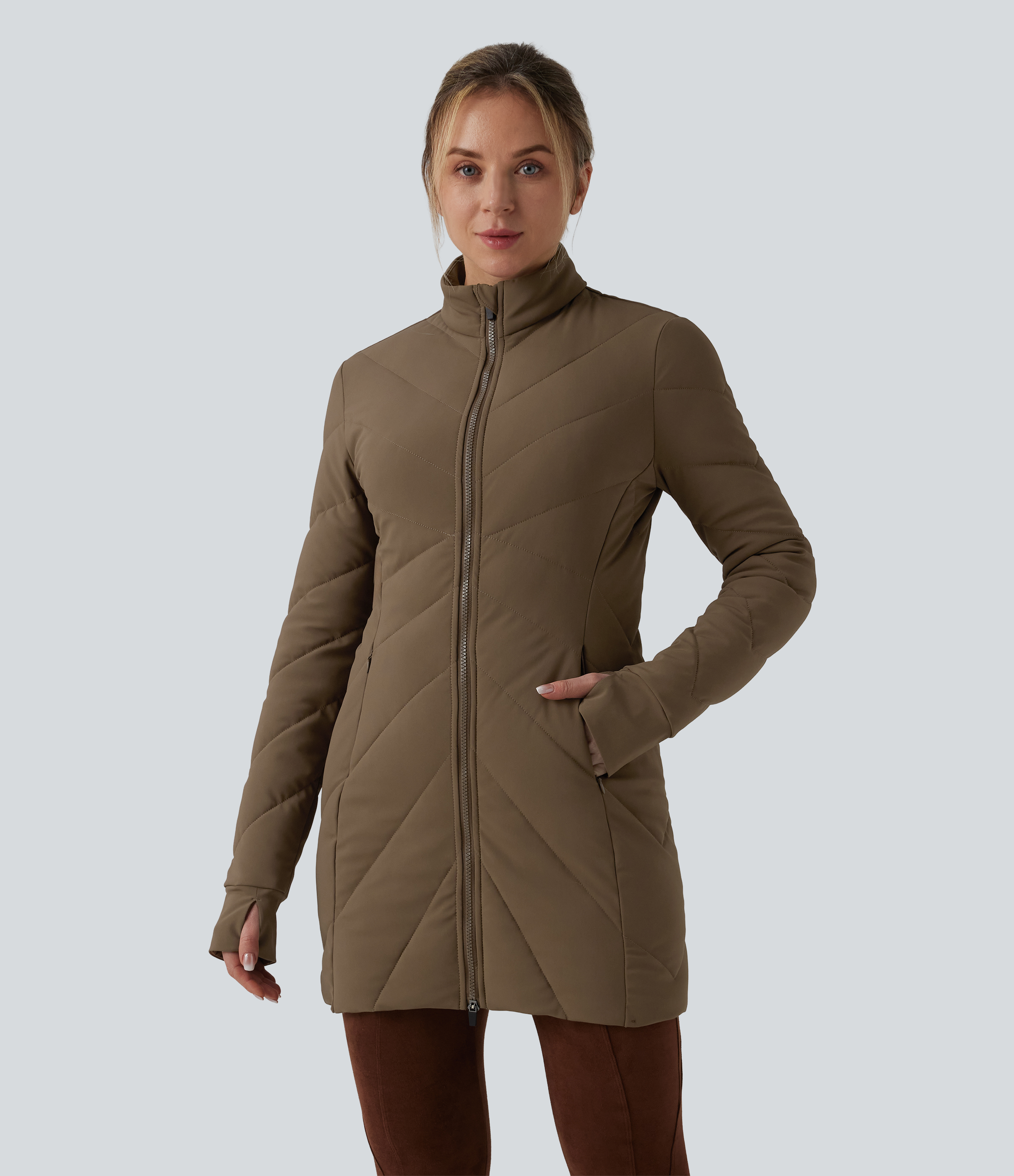 PuffFlex Stand Collar Double Zipper Thumb Holes Casual Padded Jacket with Pockets