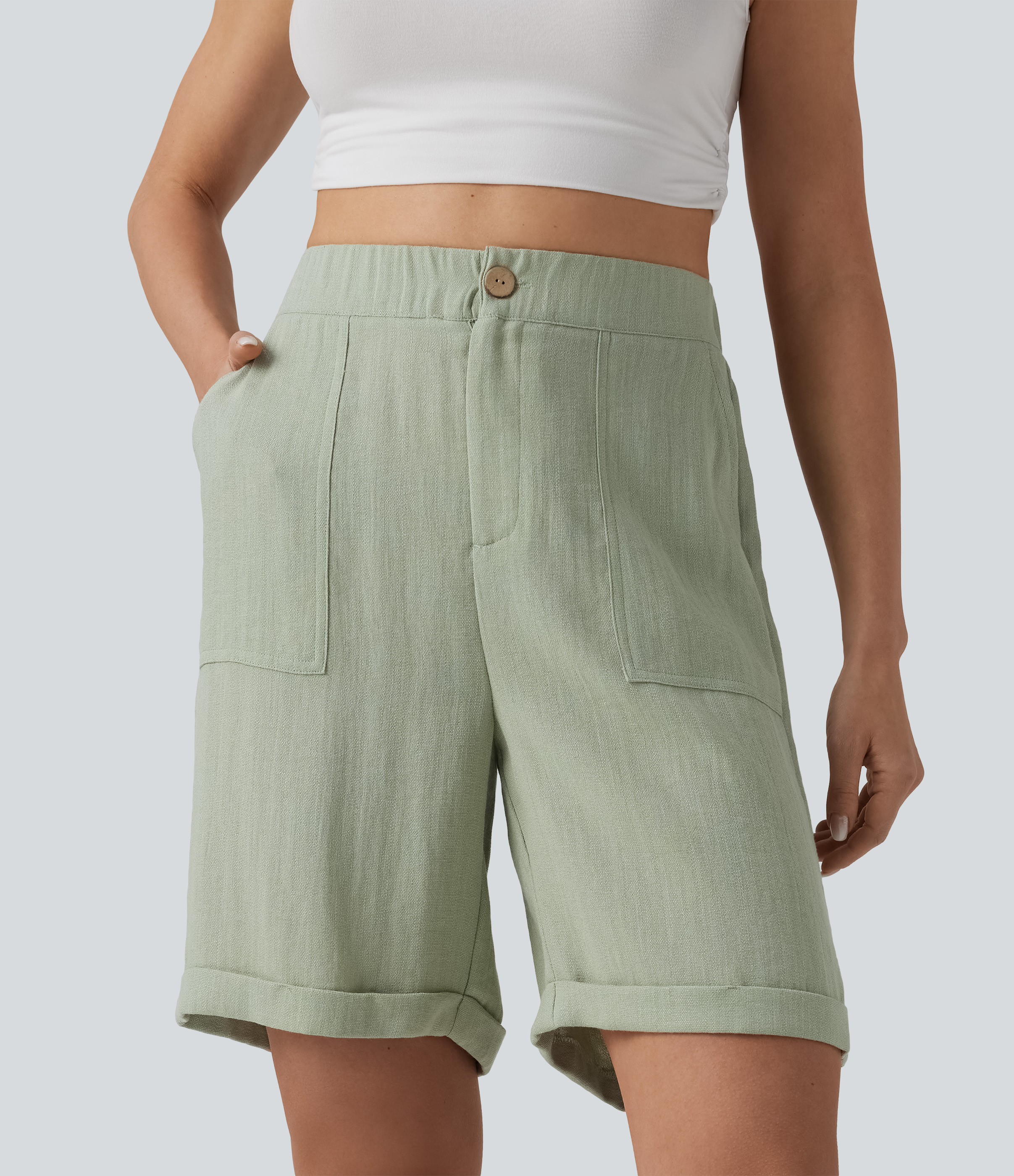 High Waisted Rolled Hem Linen-Feel Casual Bermuda Shorts with Pockets