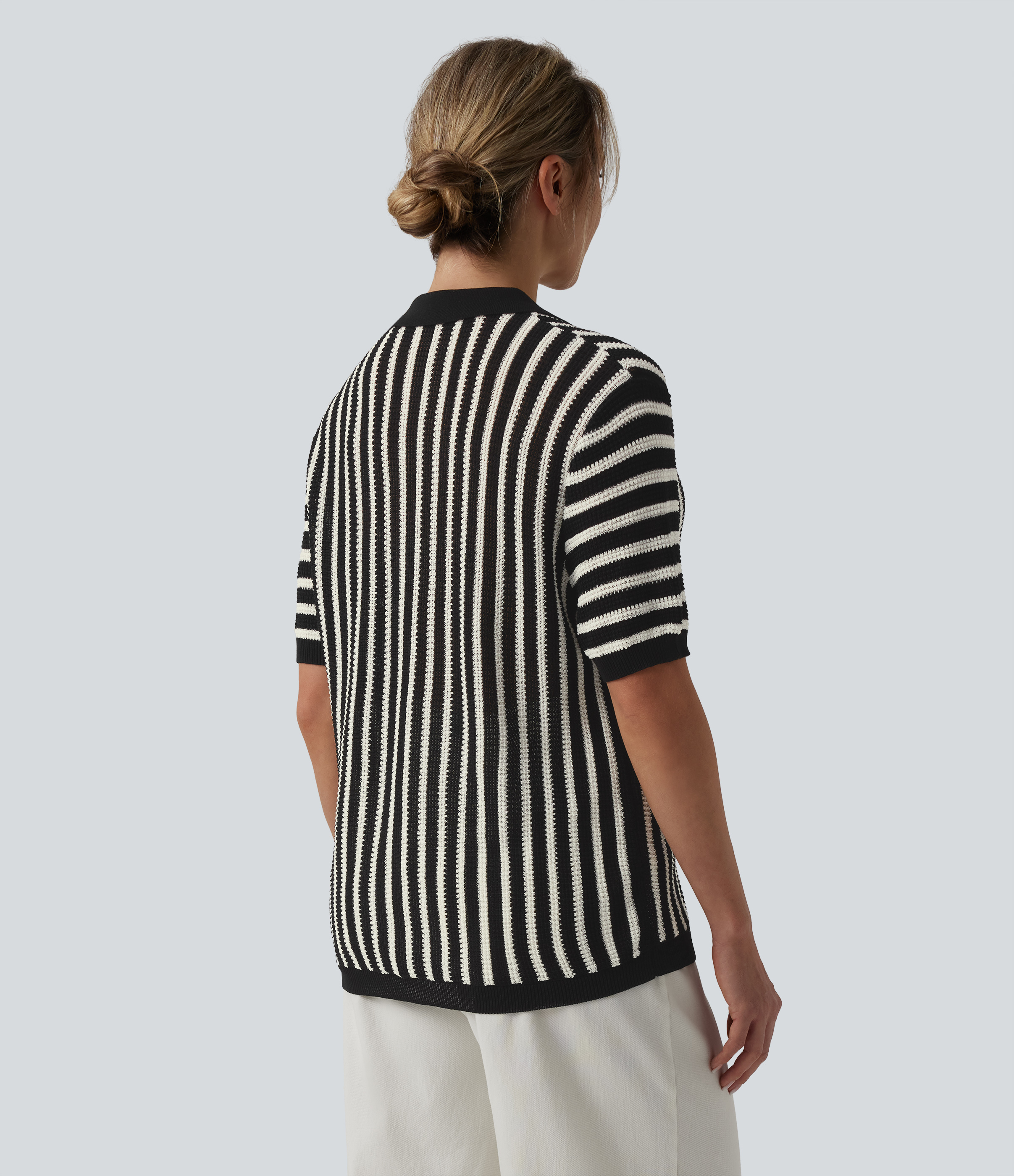 White Black Stripe Short Sleeve Color Block Stripe Casual Sweater / 2