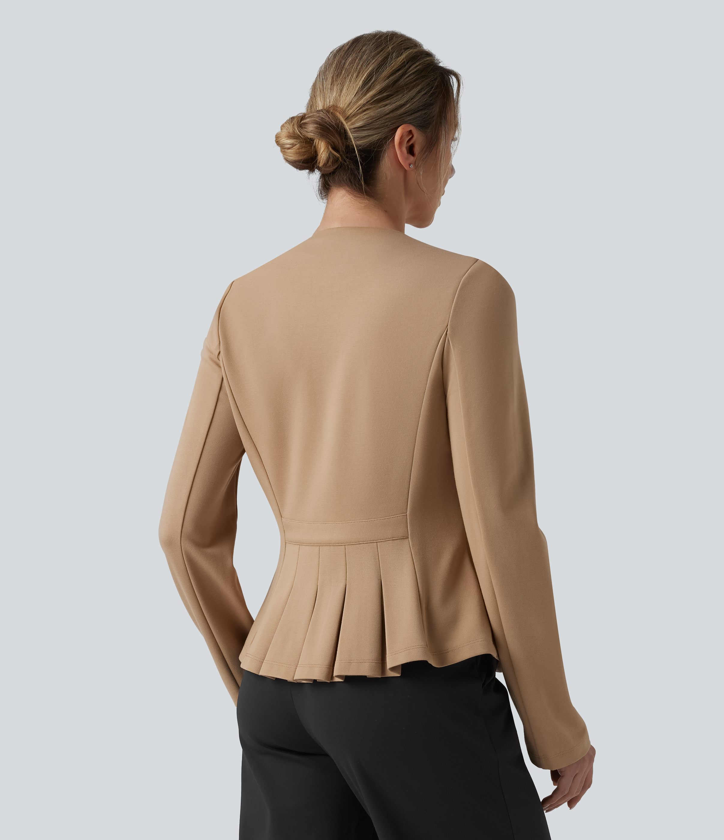 Tan Round Neck Decorative Button Pleated Hem Work Blazer / 2