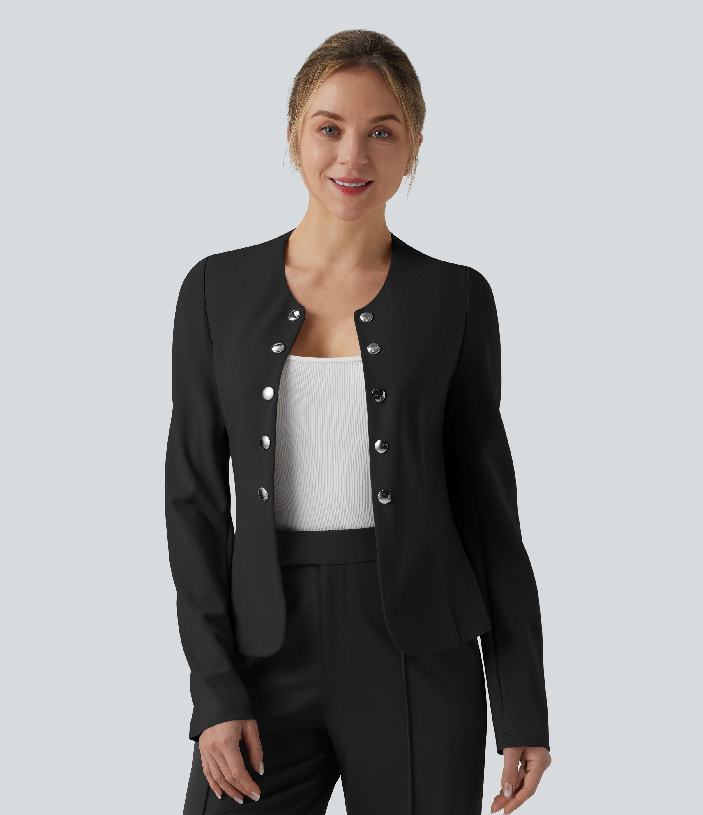 Round Neck Decorative Button Pleated Hem Work Blazer