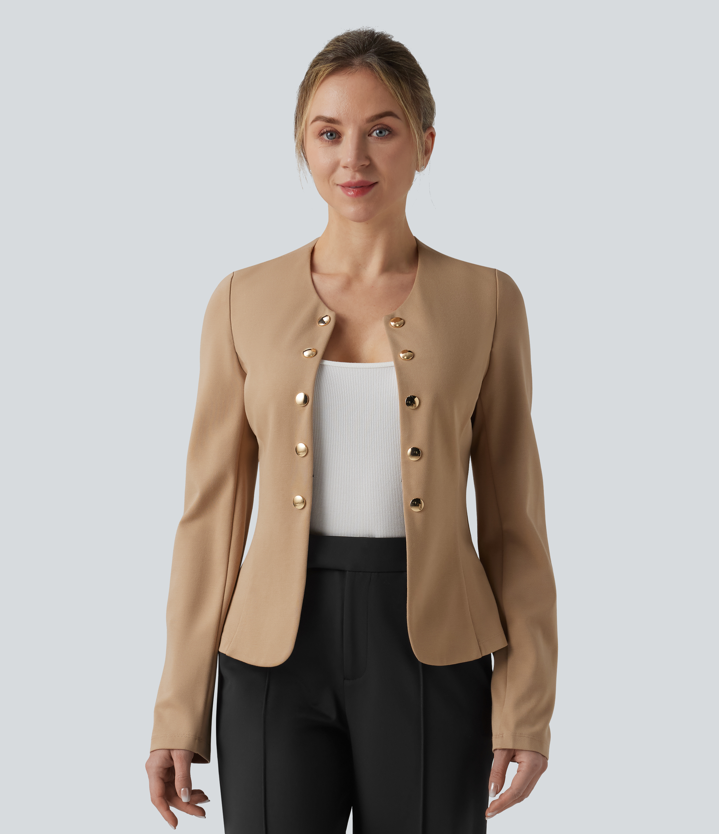 SculptKnit blazer de trabajo con cuello redondo, botones decorativos y bajo plisado